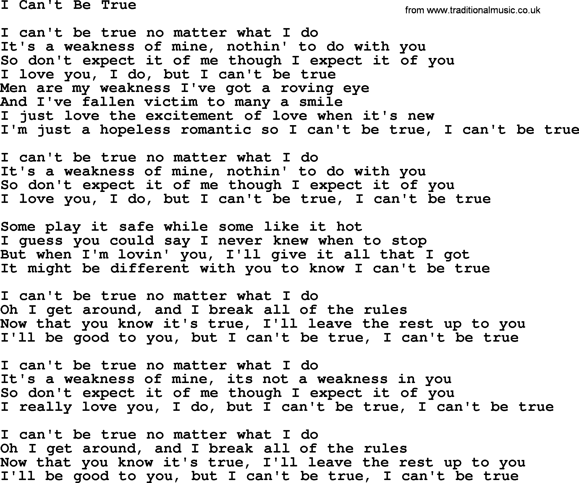 Dolly Parton song I Can't Be True.txt lyrics