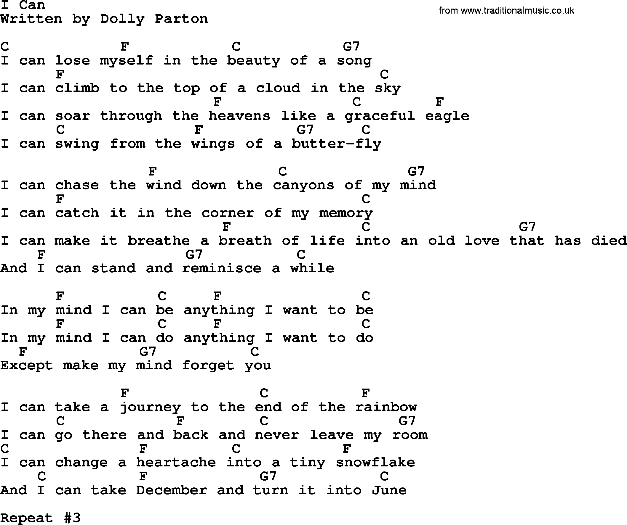 Dolly Parton song I Can, lyrics and chords