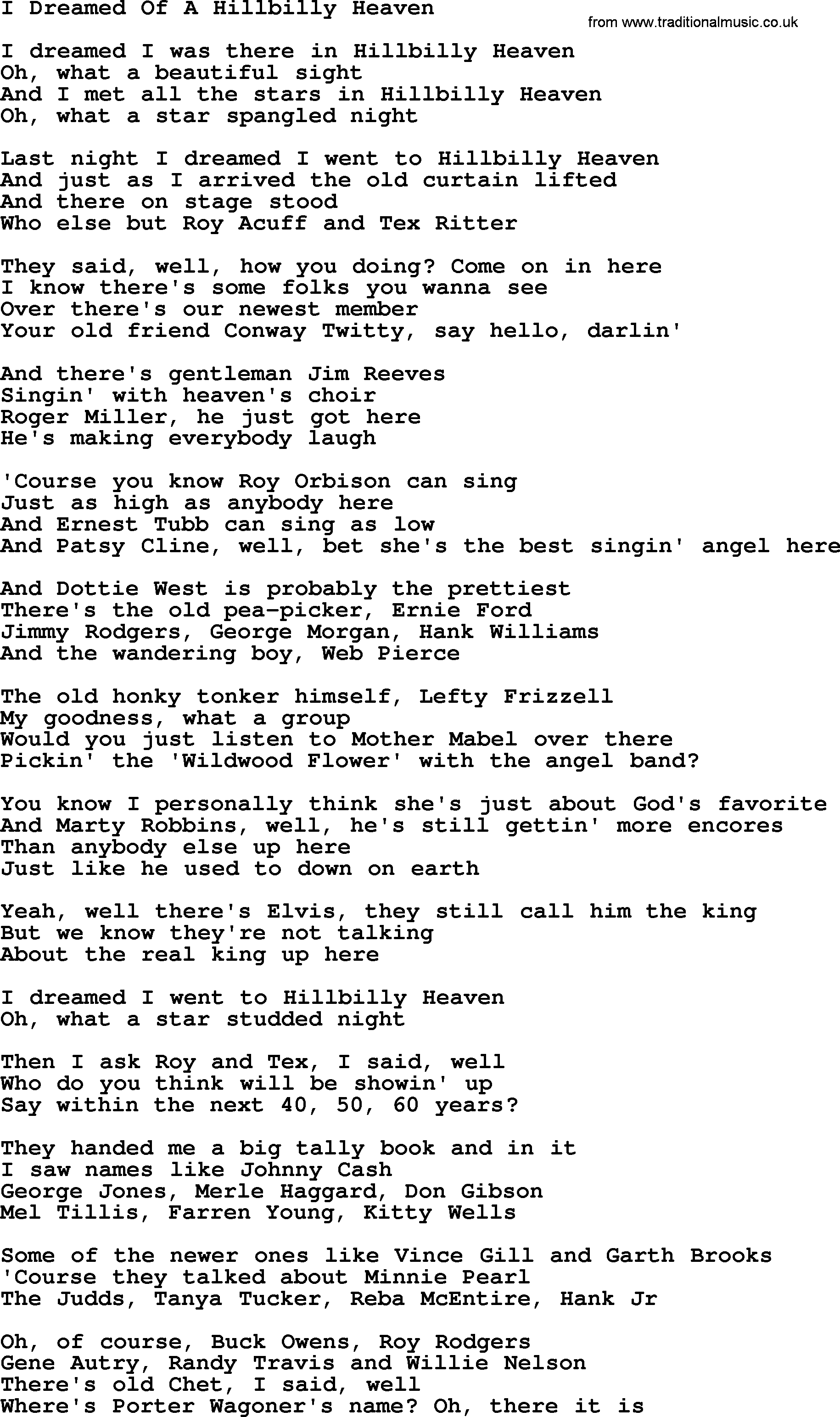 Dolly Parton song I Dreamed Of A Hillbilly Heaven.txt lyrics