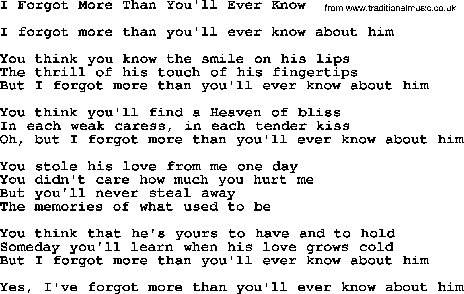 Dolly Parton song I Forgot More Than You'll Ever Know.txt lyrics