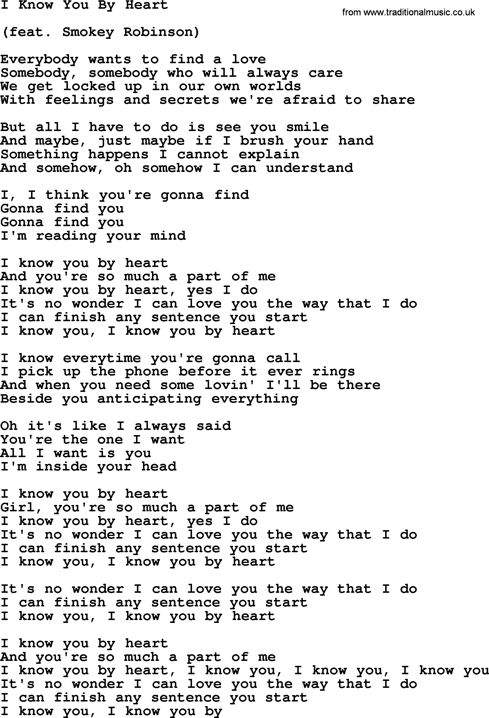 Dolly Parton song I Know You By Heart.txt lyrics