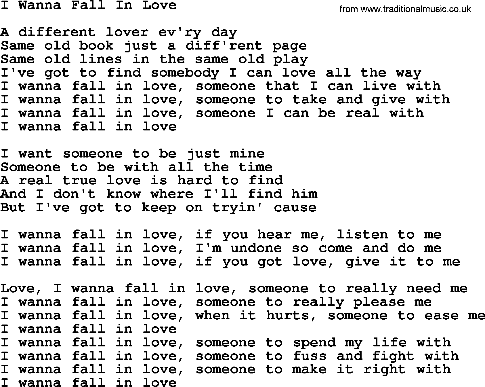 Dolly Parton song I Wanna Fall In Love.txt lyrics