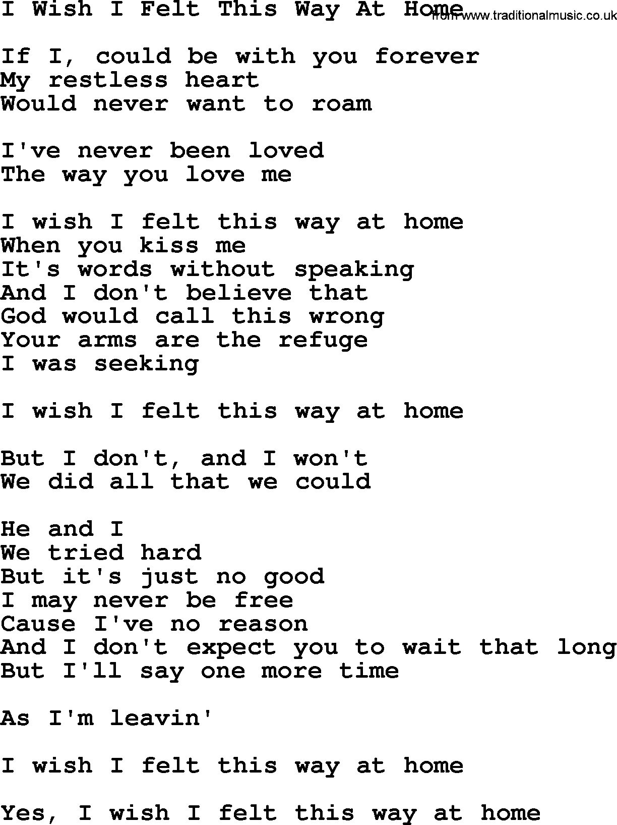 Dolly Parton song I Wish I Felt This Way At Home.txt lyrics