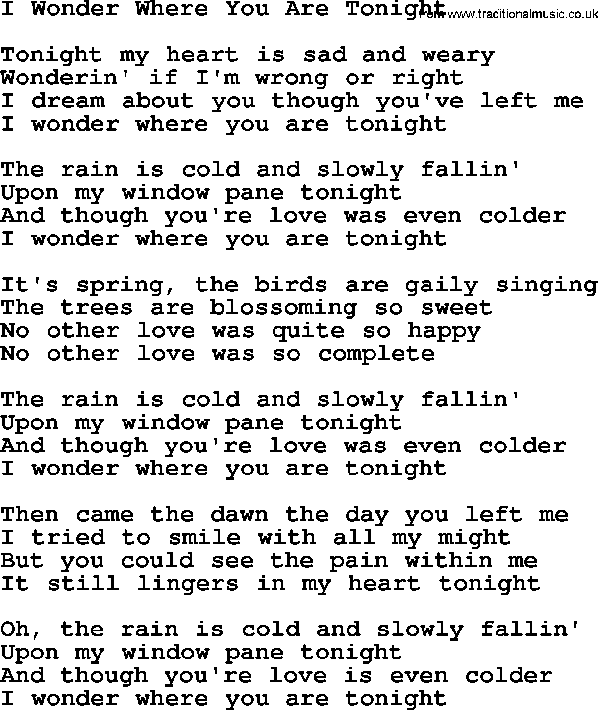 Dolly Parton song I Wonder Where You Are Tonight.txt lyrics