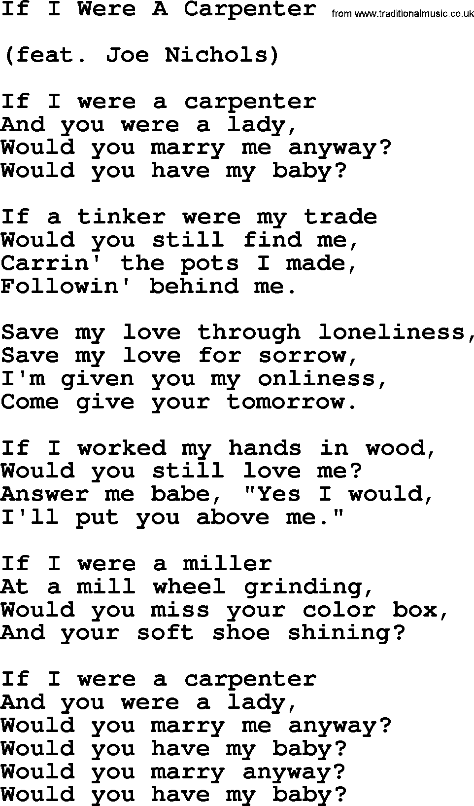 Dolly Parton song If I Were A Carpenter.txt lyrics