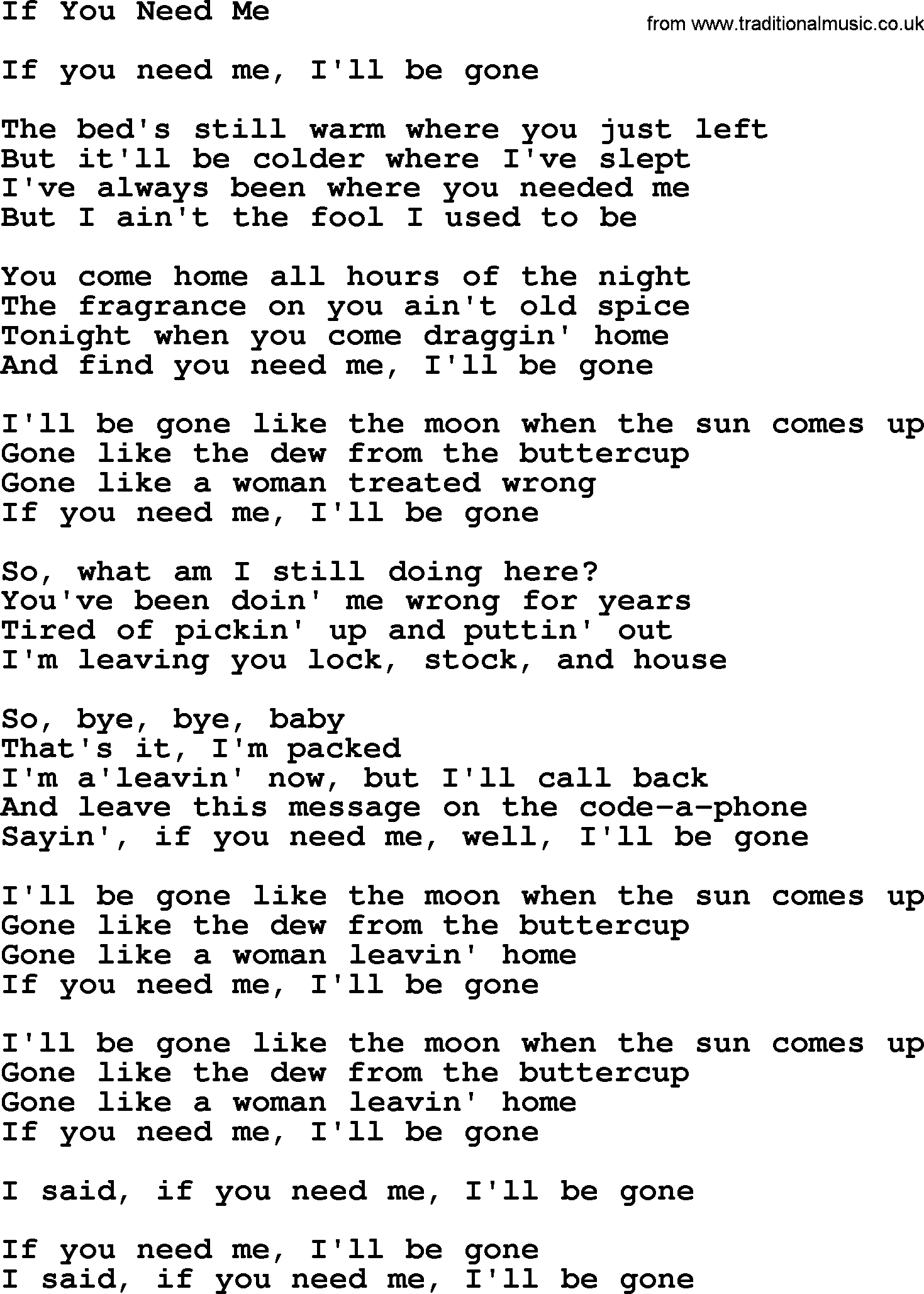 Dolly Parton song If You Need Me.txt lyrics