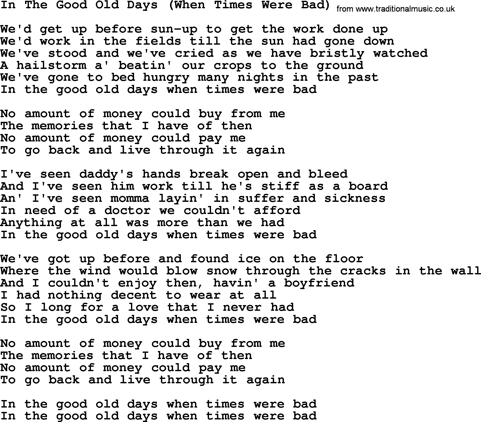 Dolly Parton song In The Good Old Days (When Times Were Bad).txt lyrics