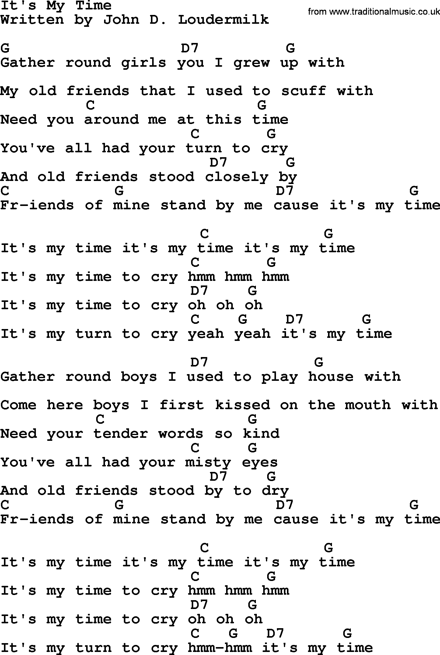 Dolly Parton song It's My Time, lyrics and chords