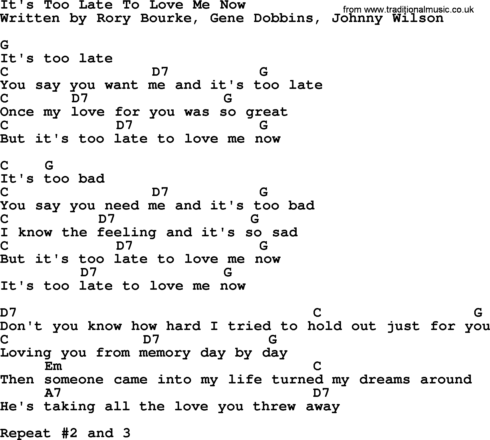 Dolly Parton song It's Too Late To Love Me Now, lyrics and chords