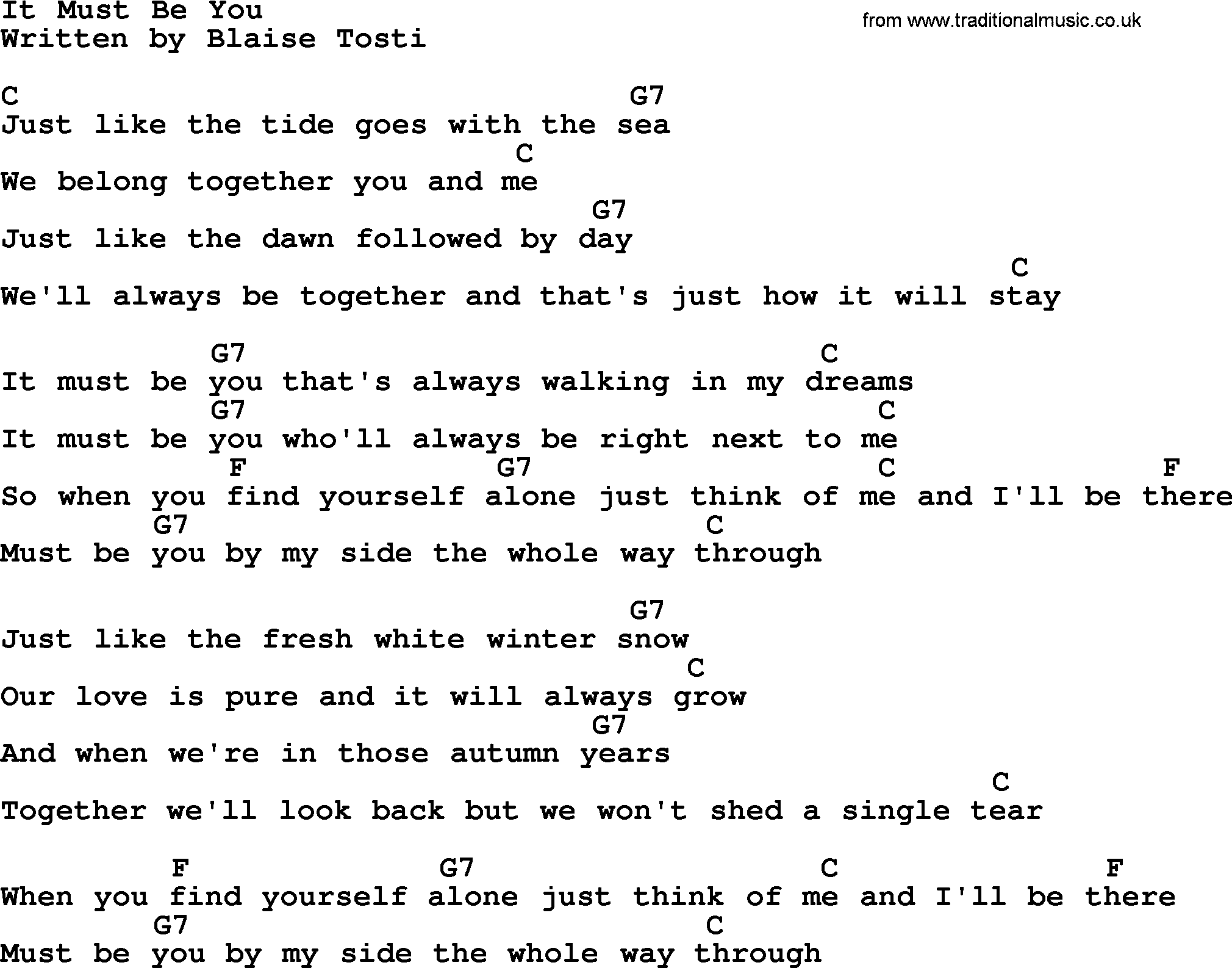 Dolly Parton song It Must Be You, lyrics and chords