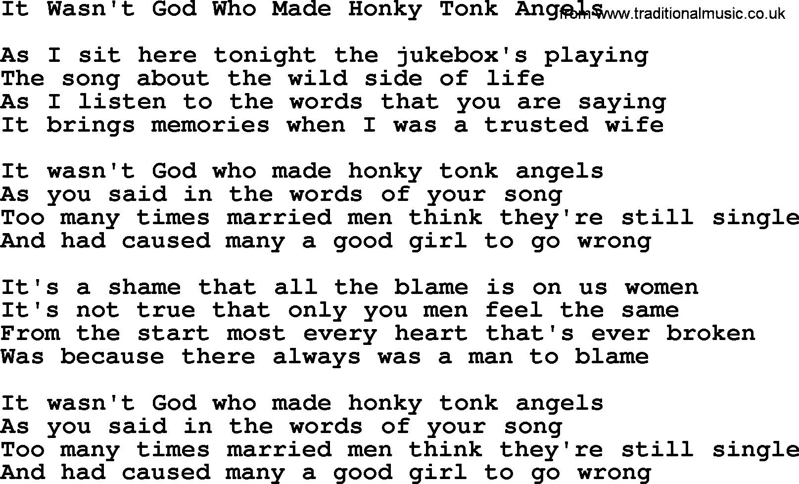 Dolly Parton song It Wasn't God Who Made Honky Tonk Angels.txt lyrics