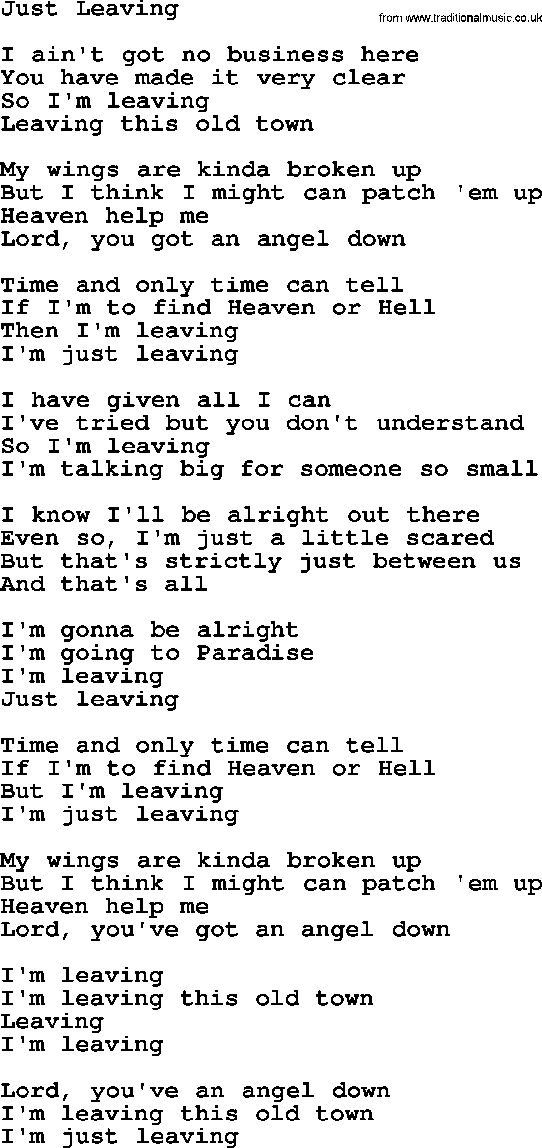 Dolly Parton song Just Leaving.txt lyrics