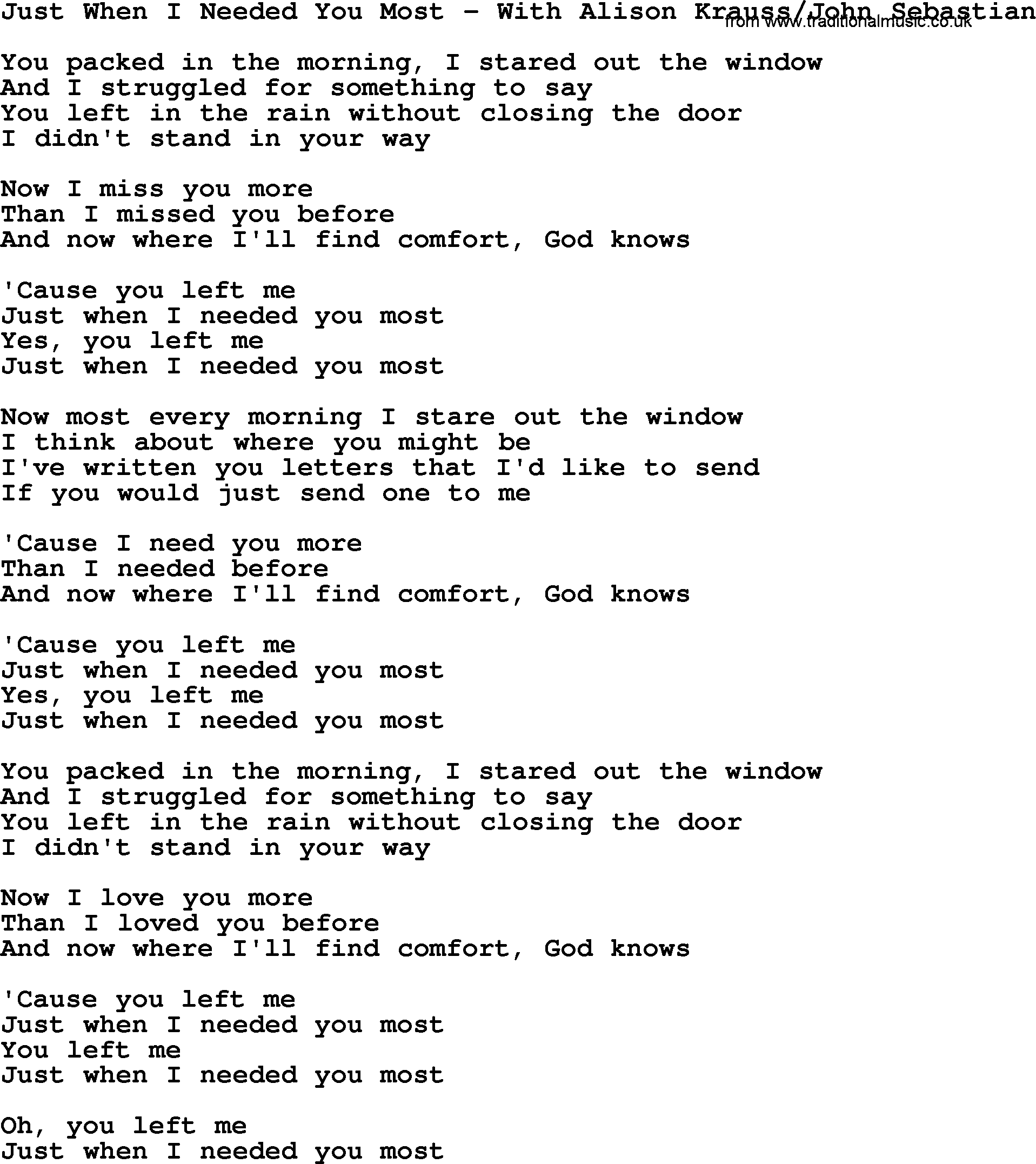 Dolly Parton song Just When I Needed You Most - With Alison Krauss_John Sebastian.txt lyrics