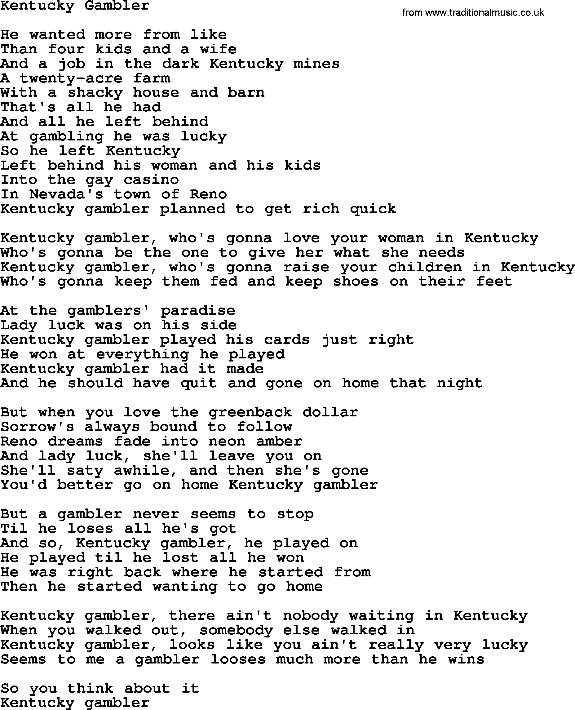Dolly Parton song Kentucky Gambler.txt lyrics