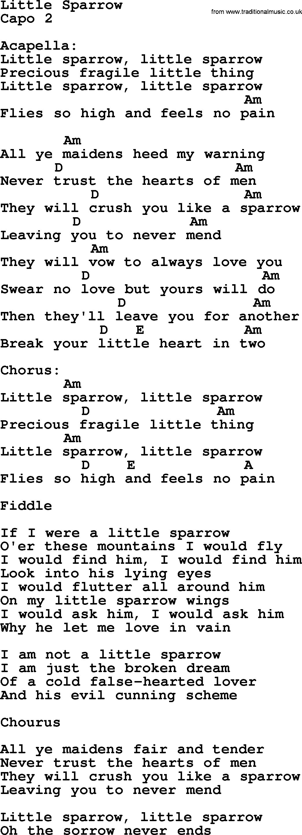 Dolly Parton song Little Sparrow, lyrics and chords