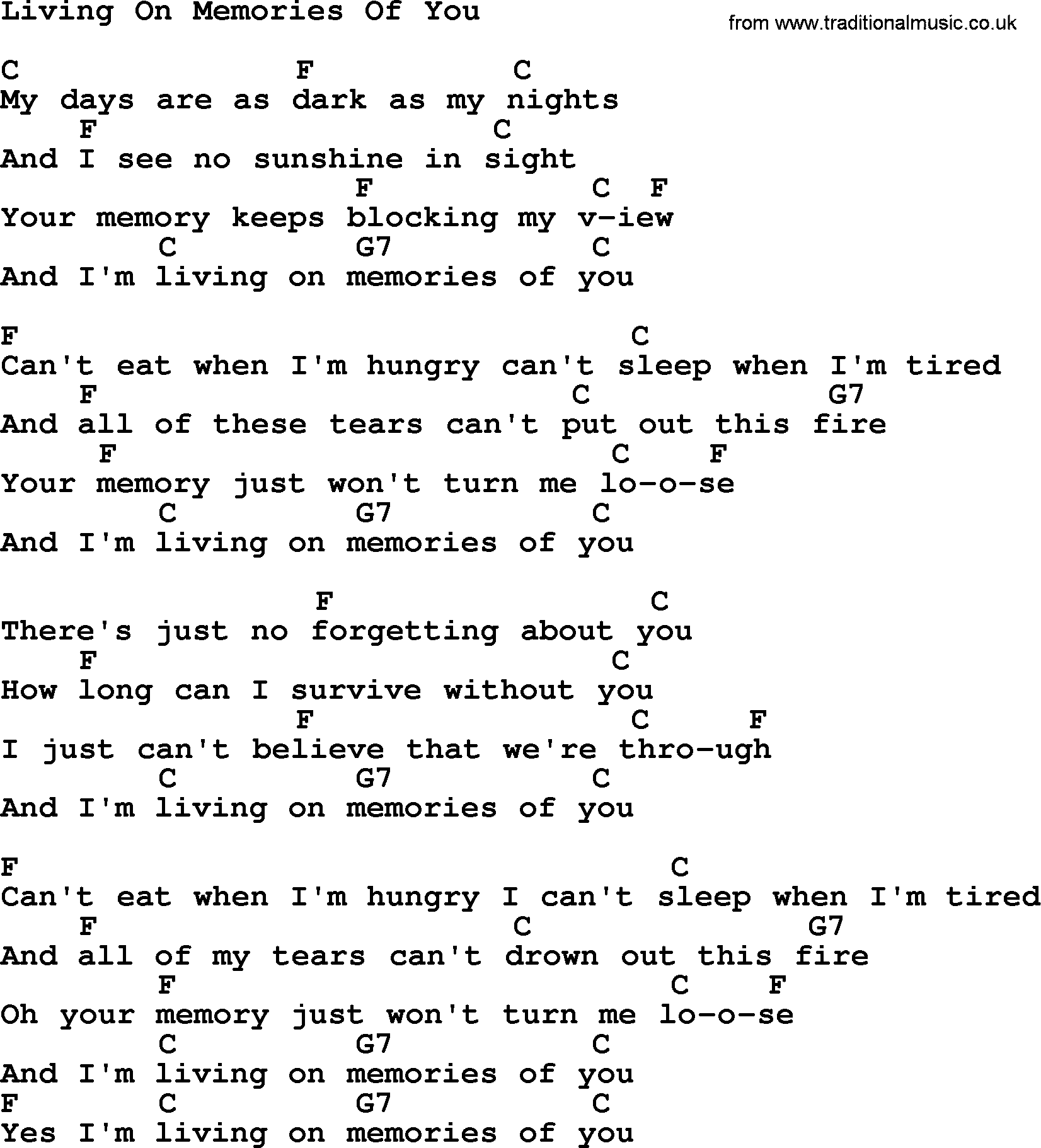 Dolly Parton song Living On Memories Of You, lyrics and chords