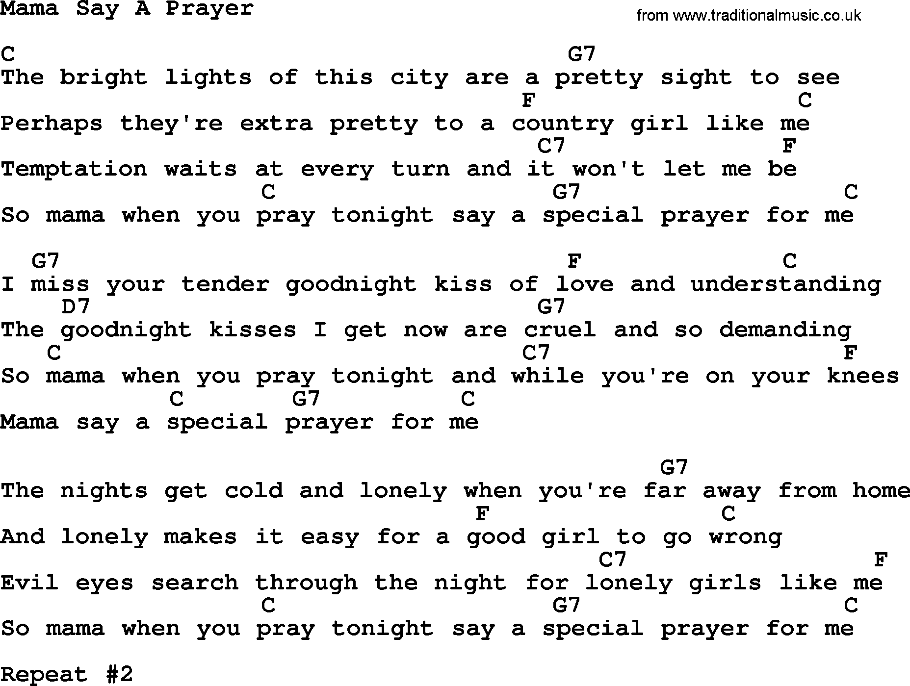 Dolly Parton song Mama Say A Prayer, lyrics and chords