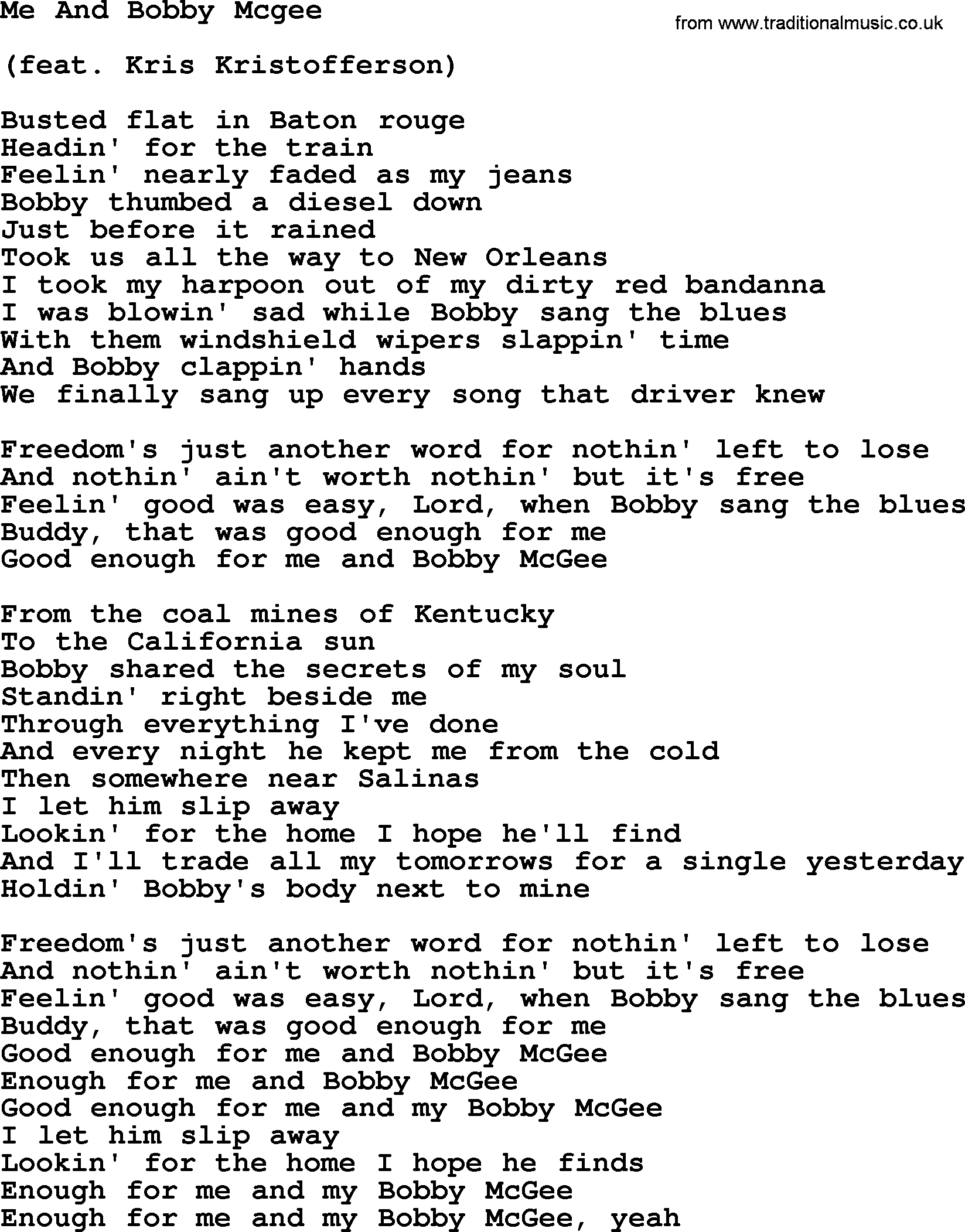 Dolly Parton song Me And Bobby Mcgee.txt lyrics