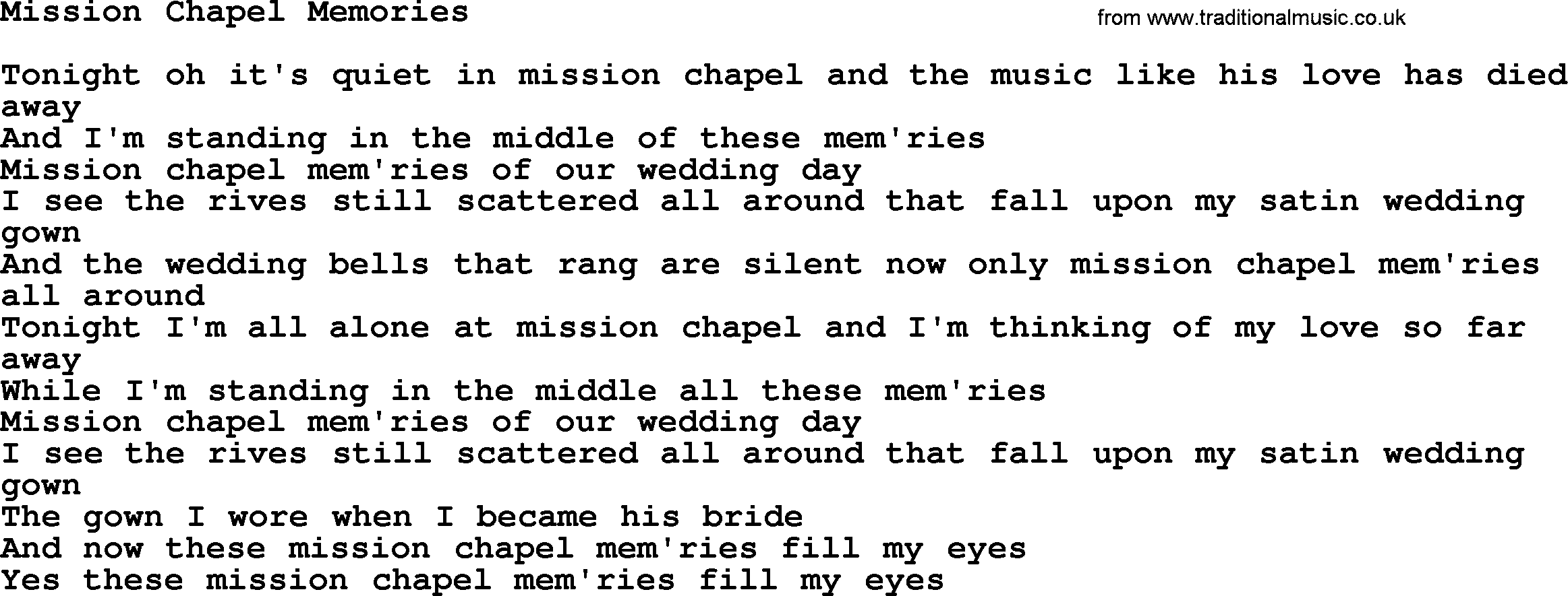 Dolly Parton song Mission Chapel Memories.txt lyrics