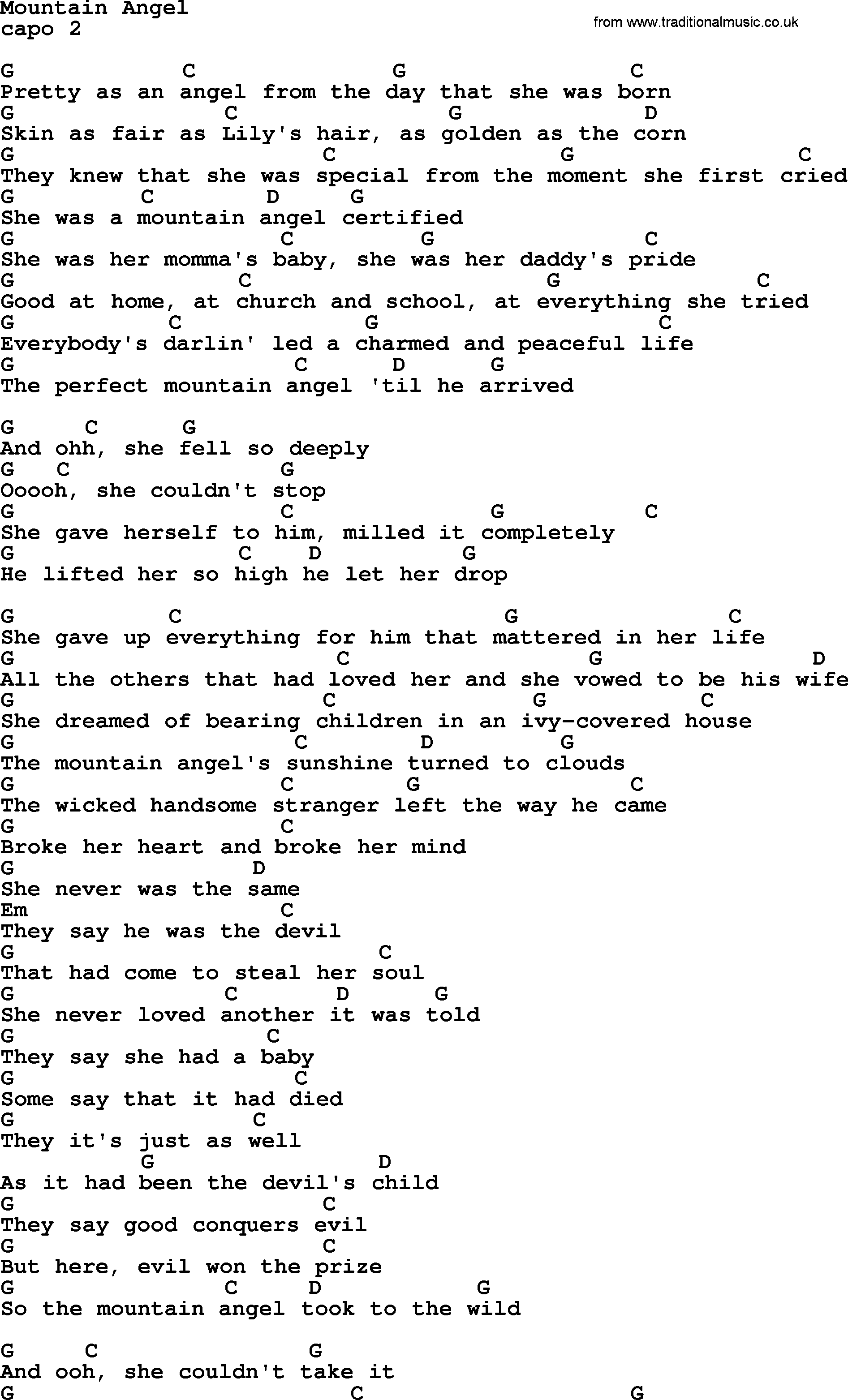 Dolly Parton song Mountain Angel, lyrics and chords