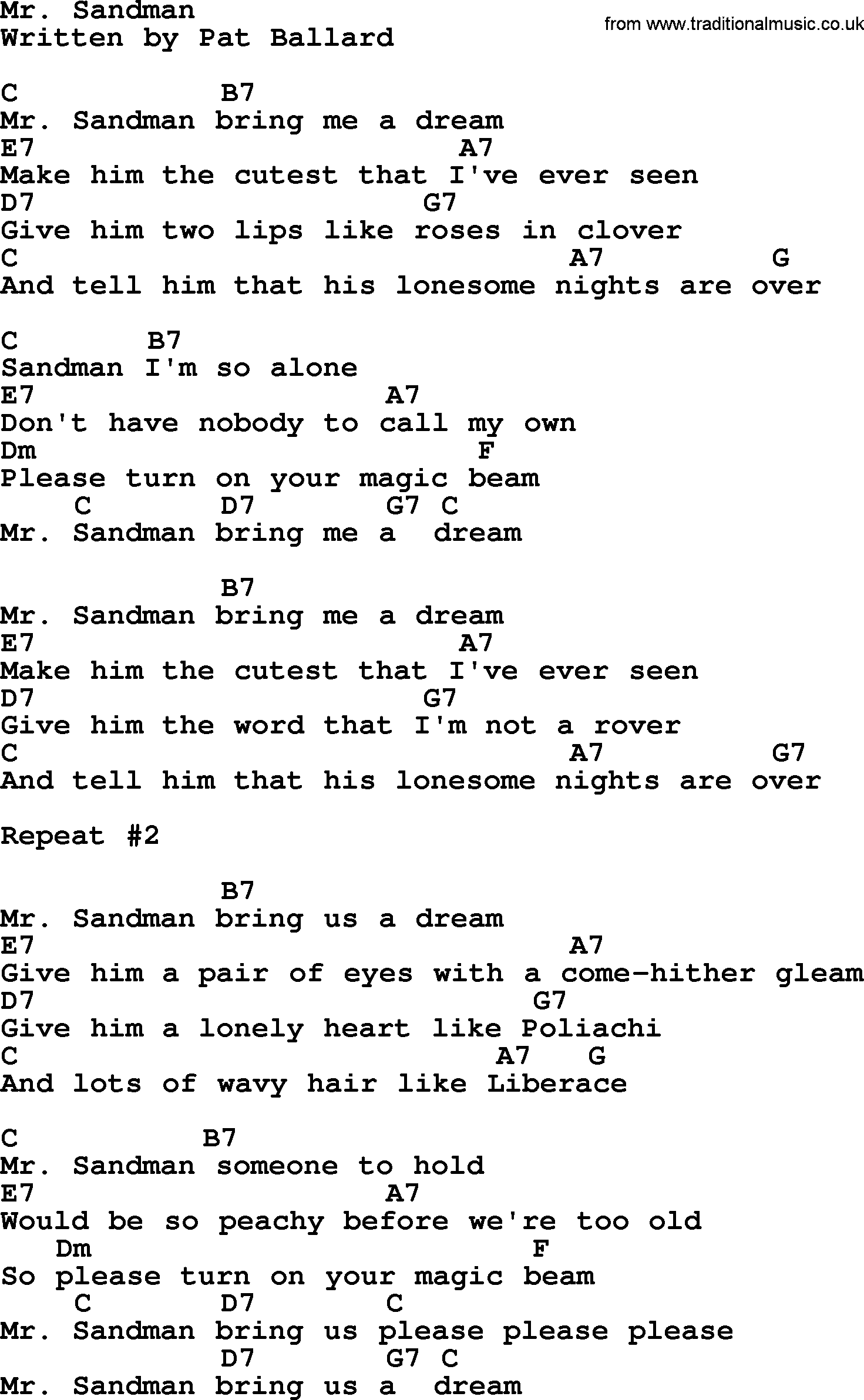 Dolly Parton song Mr. Sandman, lyrics and chords