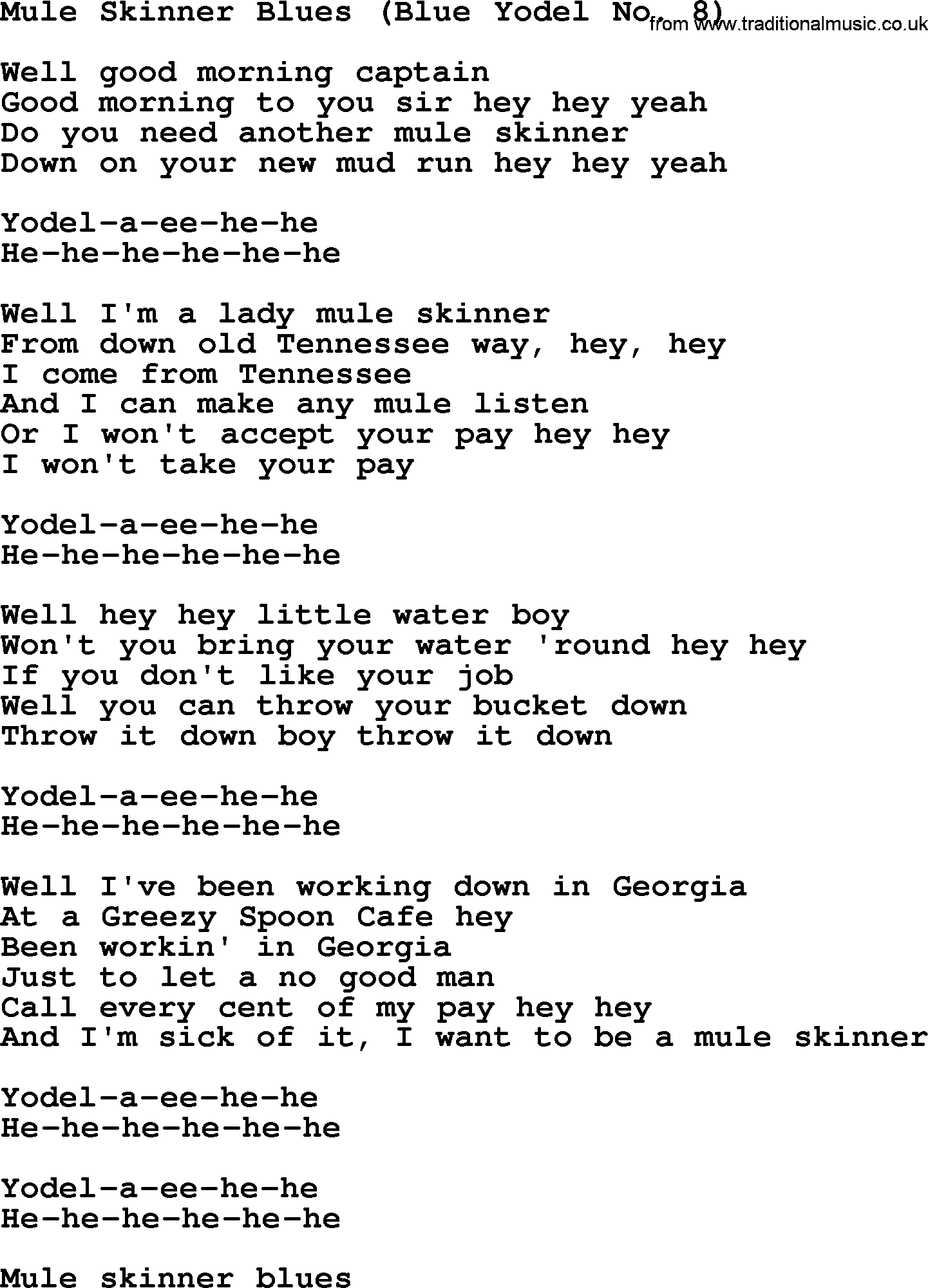 Dolly Parton song Mule Skinner Blues (Blue Yodel No. 8).txt lyrics
