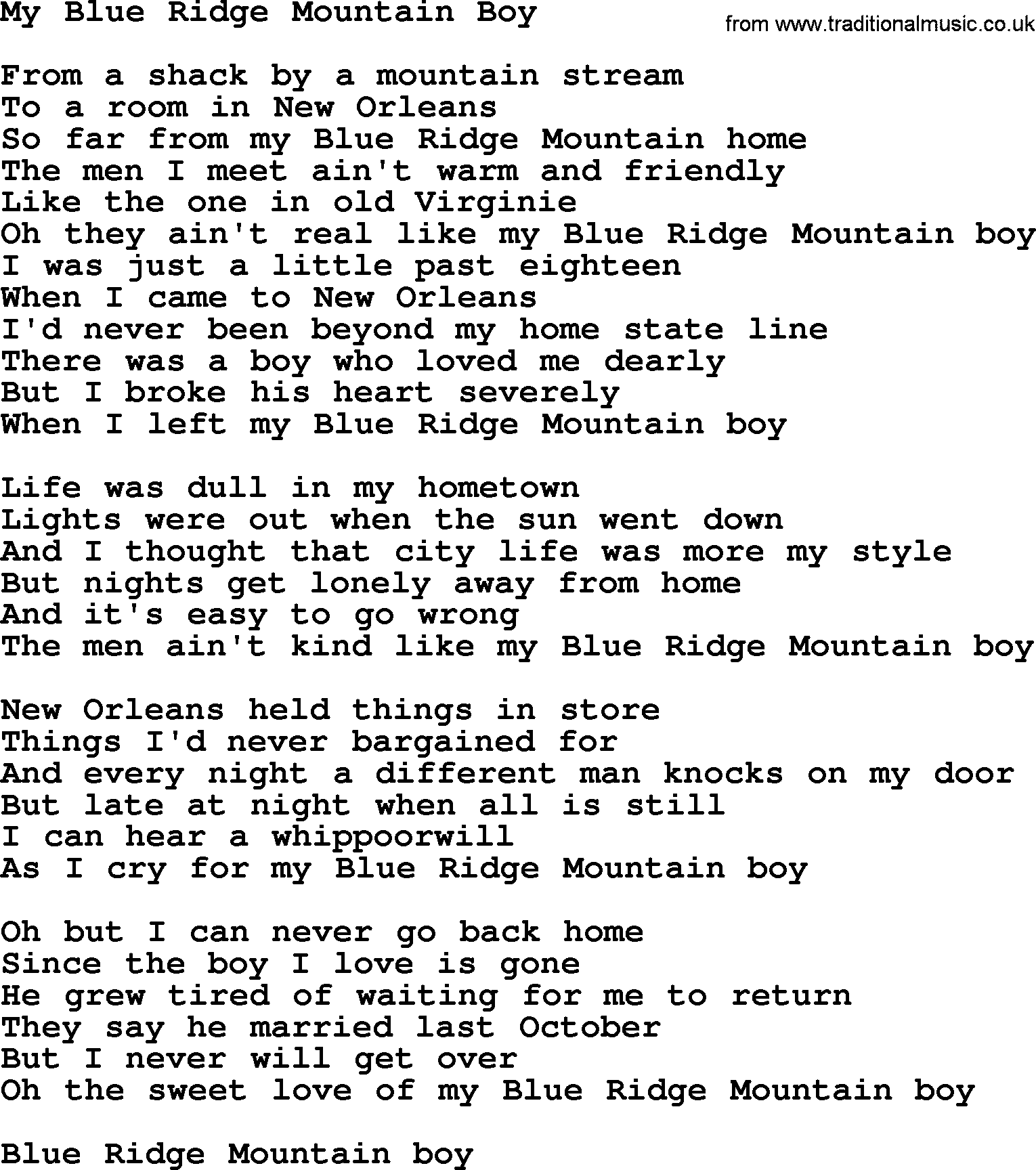 Dolly Parton song My Blue Ridge Mountain Boy.txt lyrics