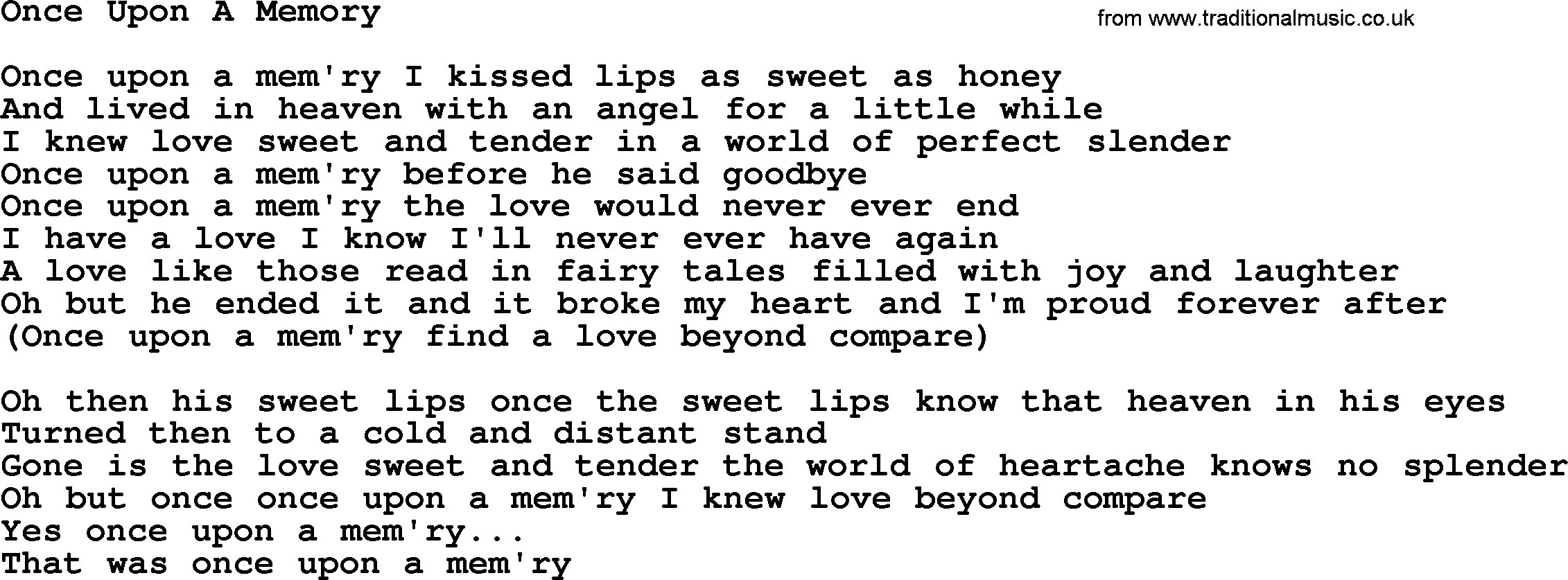 Dolly Parton song Once Upon A Memory.txt lyrics