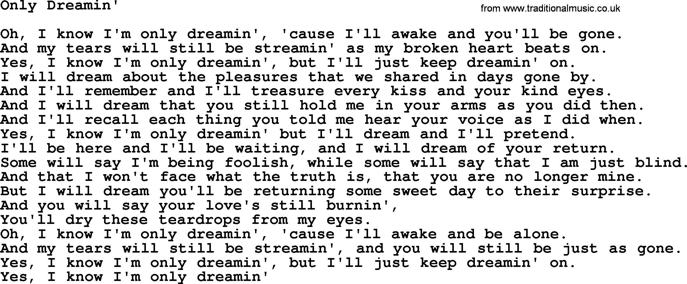 Dolly Parton song Only Dreamin'.txt lyrics