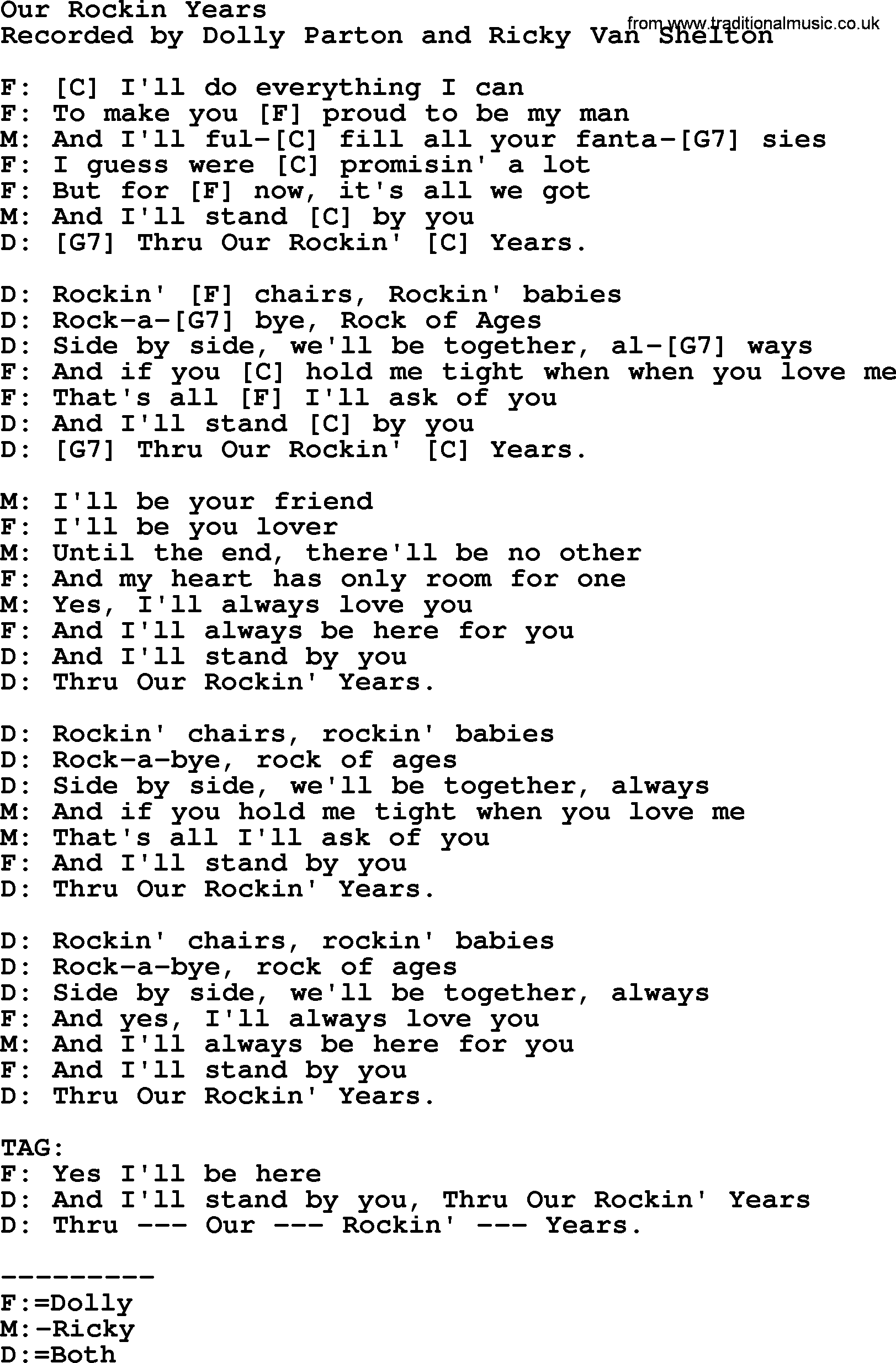 Dolly Parton song Our Rockin Years, lyrics and chords
