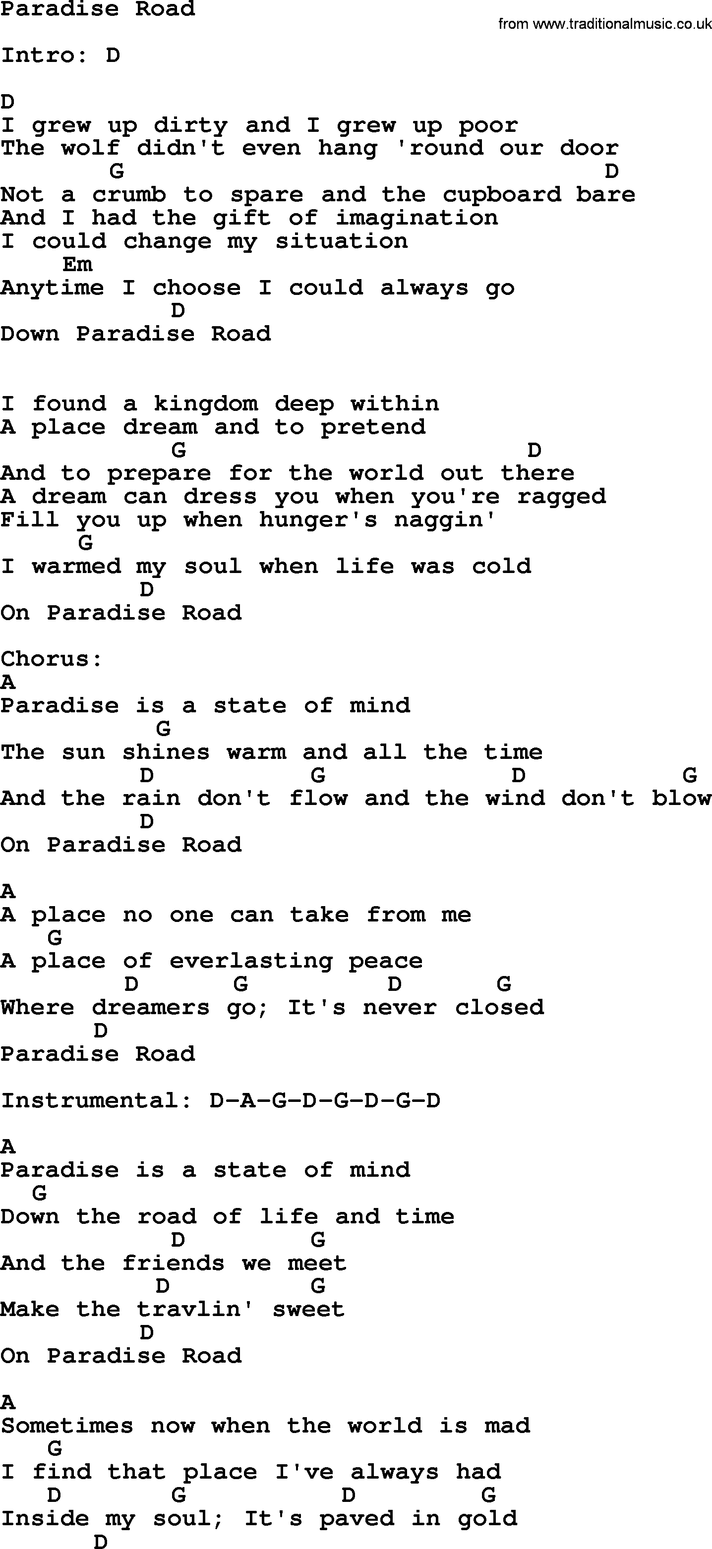 Dolly Parton song Paradise Road, lyrics and chords