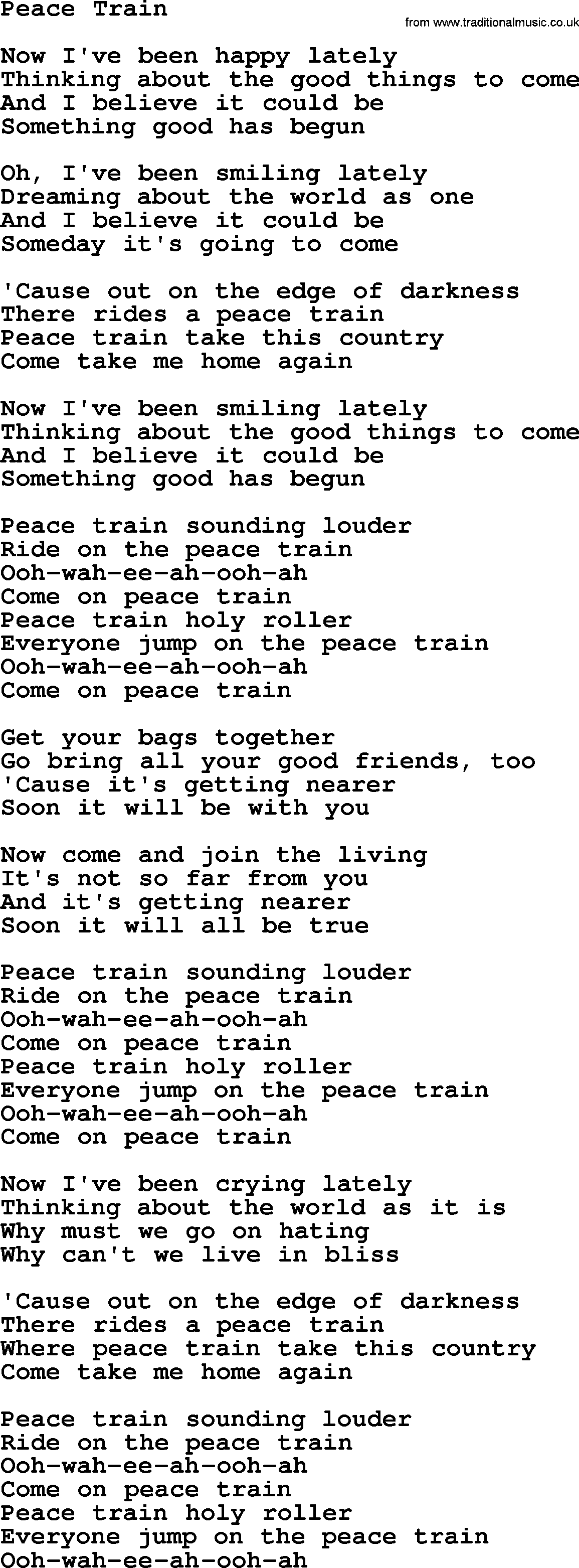 Dolly Parton song Peace Train.txt lyrics