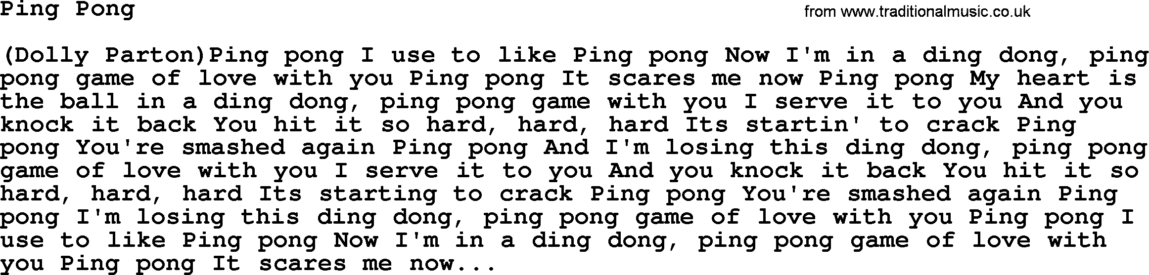 Dolly Parton song Ping Pong.txt lyrics