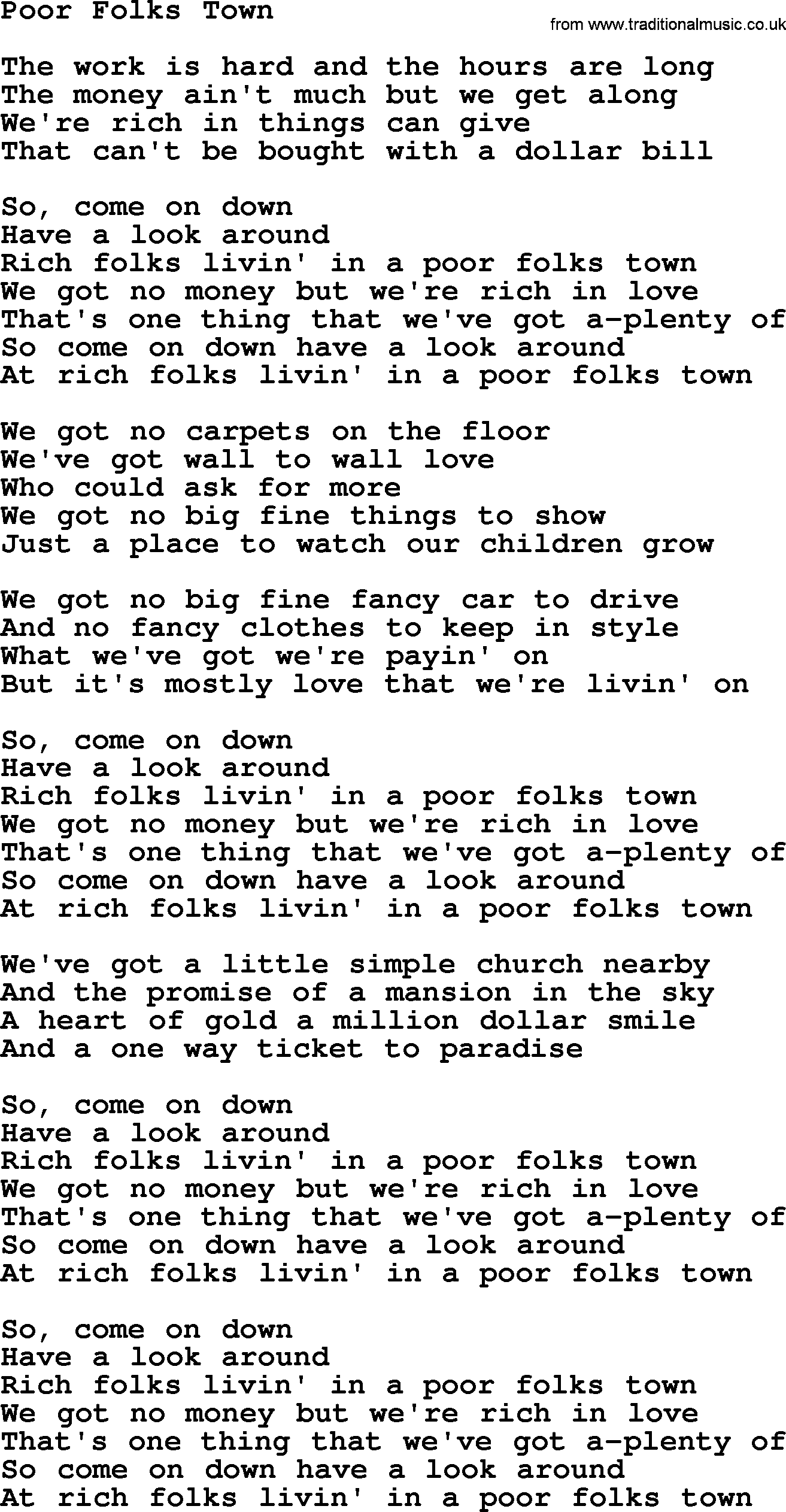 Dolly Parton song Poor Folks Town.txt lyrics