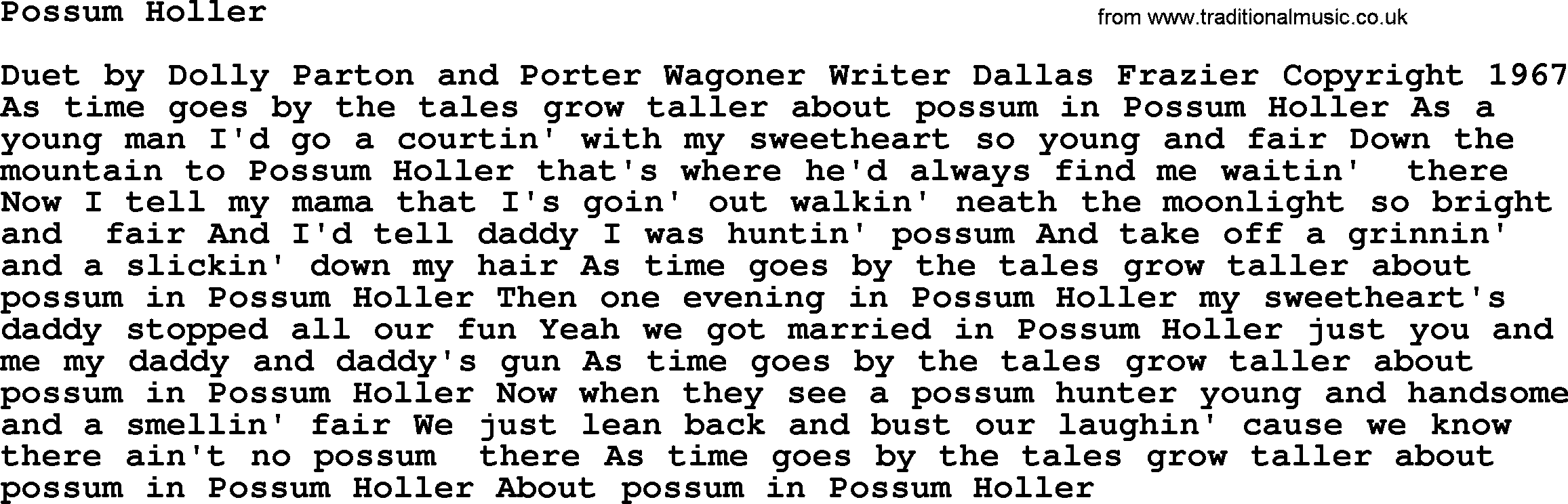 Dolly Parton song Possum Holler.txt lyrics