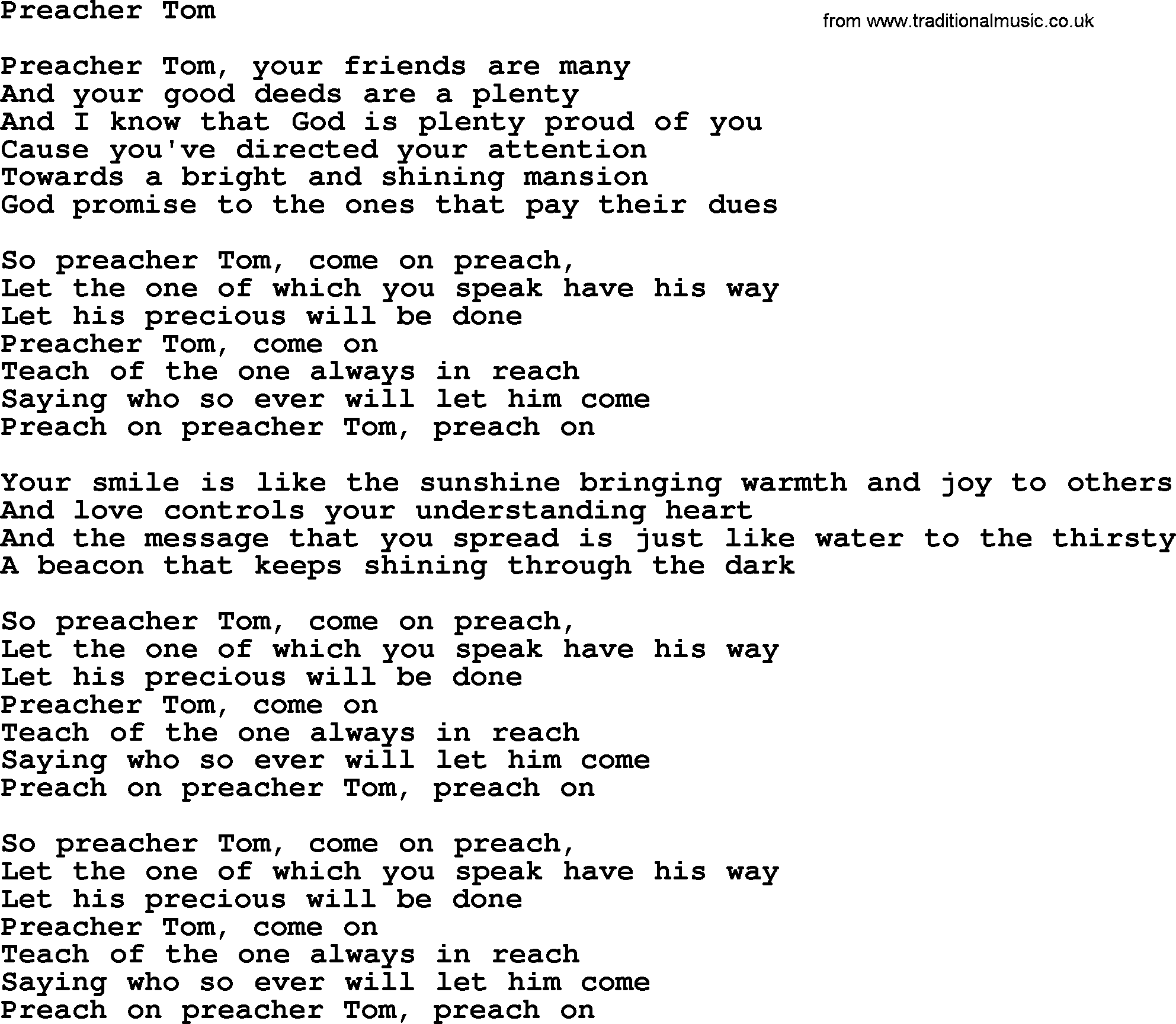 Dolly Parton song Preacher Tom.txt lyrics