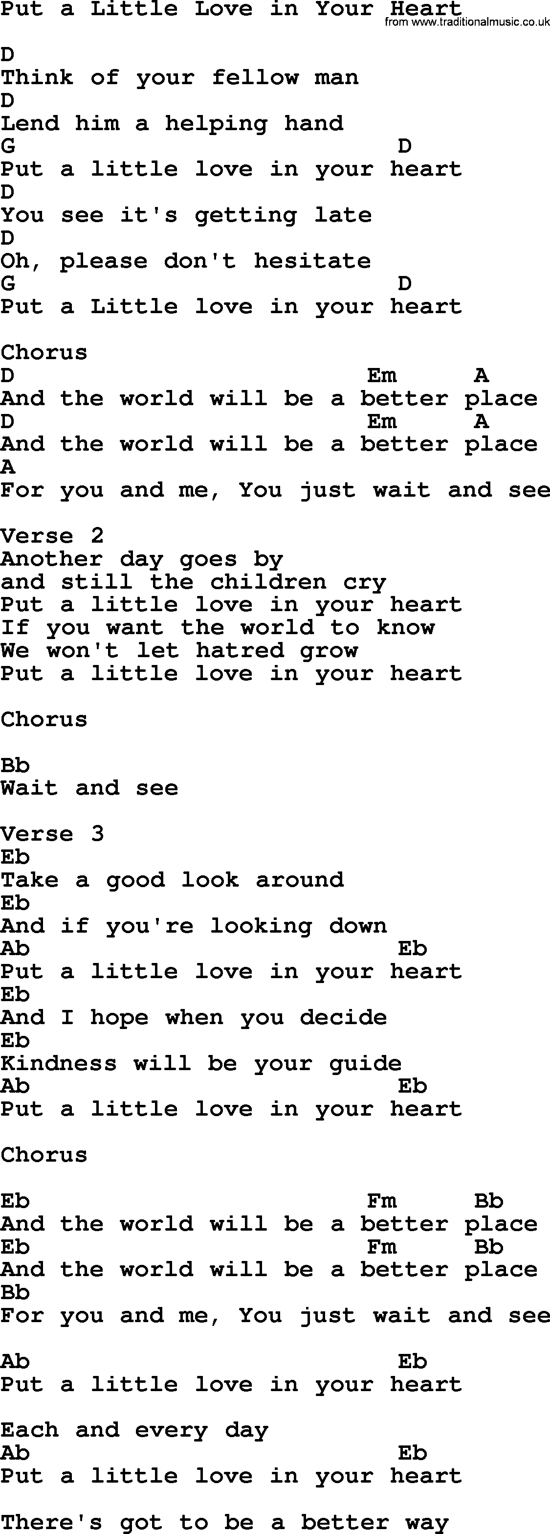 Dolly Parton song Put A Little Love In Your Heart, lyrics and chords