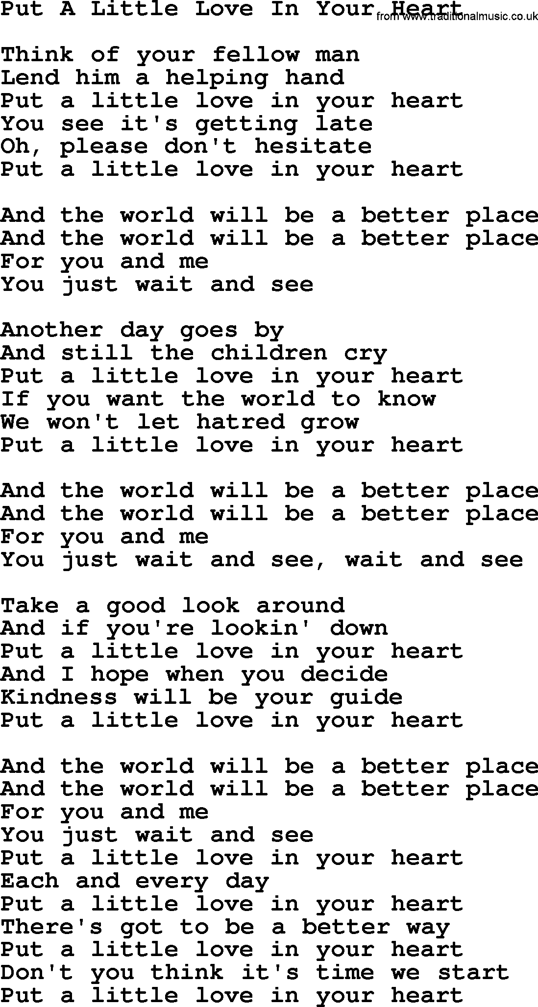 Dolly Parton song Put A Little Love In Your Heart.txt lyrics