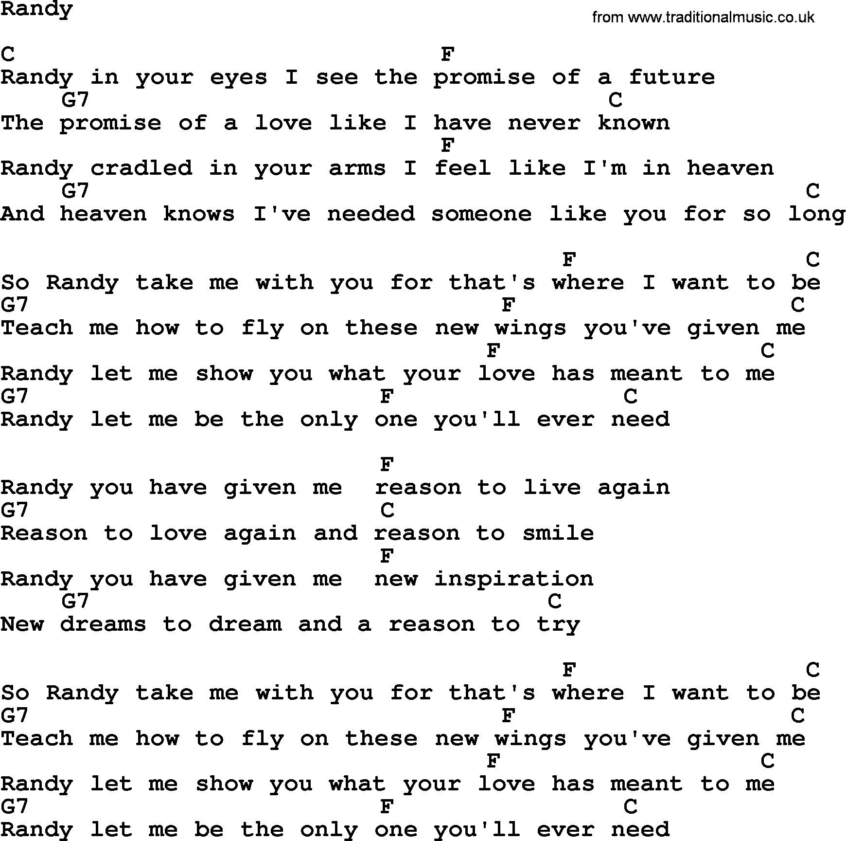 Dolly Parton song Randy, lyrics and chords