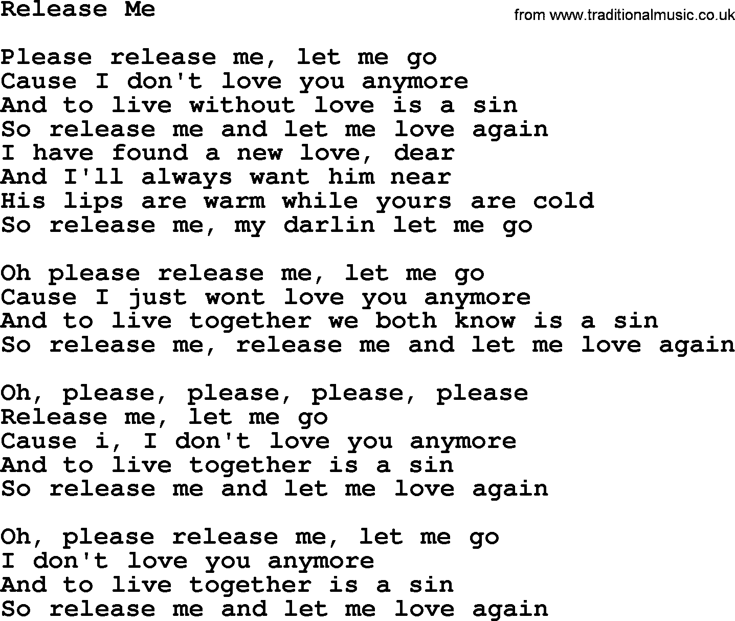 Dolly Parton song Release Me.txt lyrics