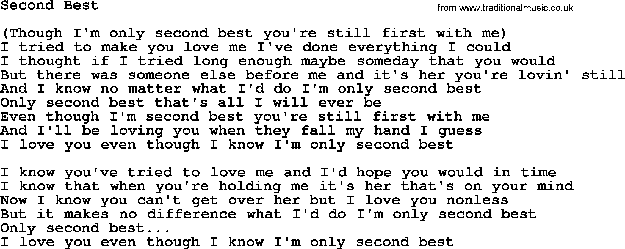 Dolly Parton song Second Best.txt lyrics