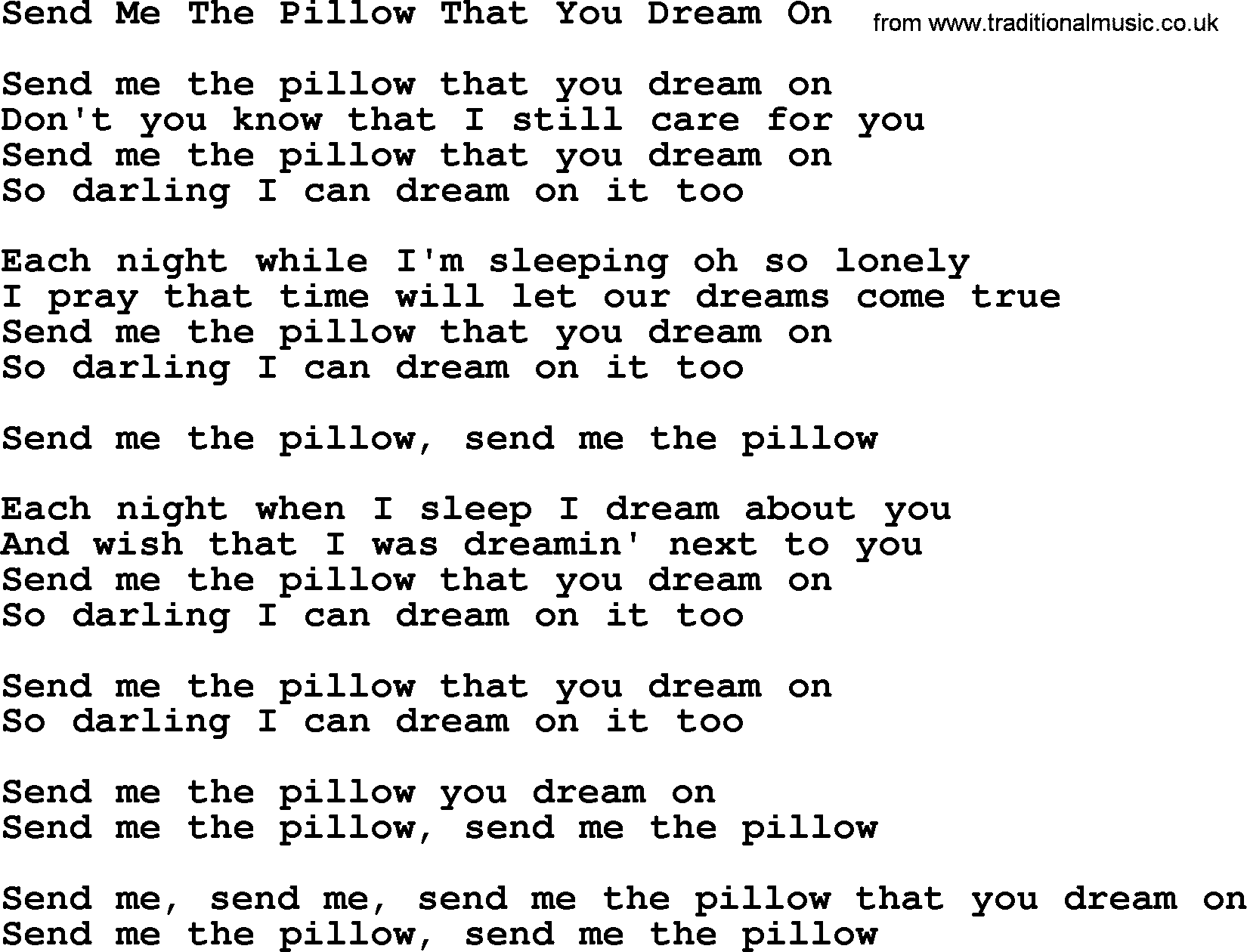 Dolly Parton song Send Me The Pillow That You Dream On.txt lyrics