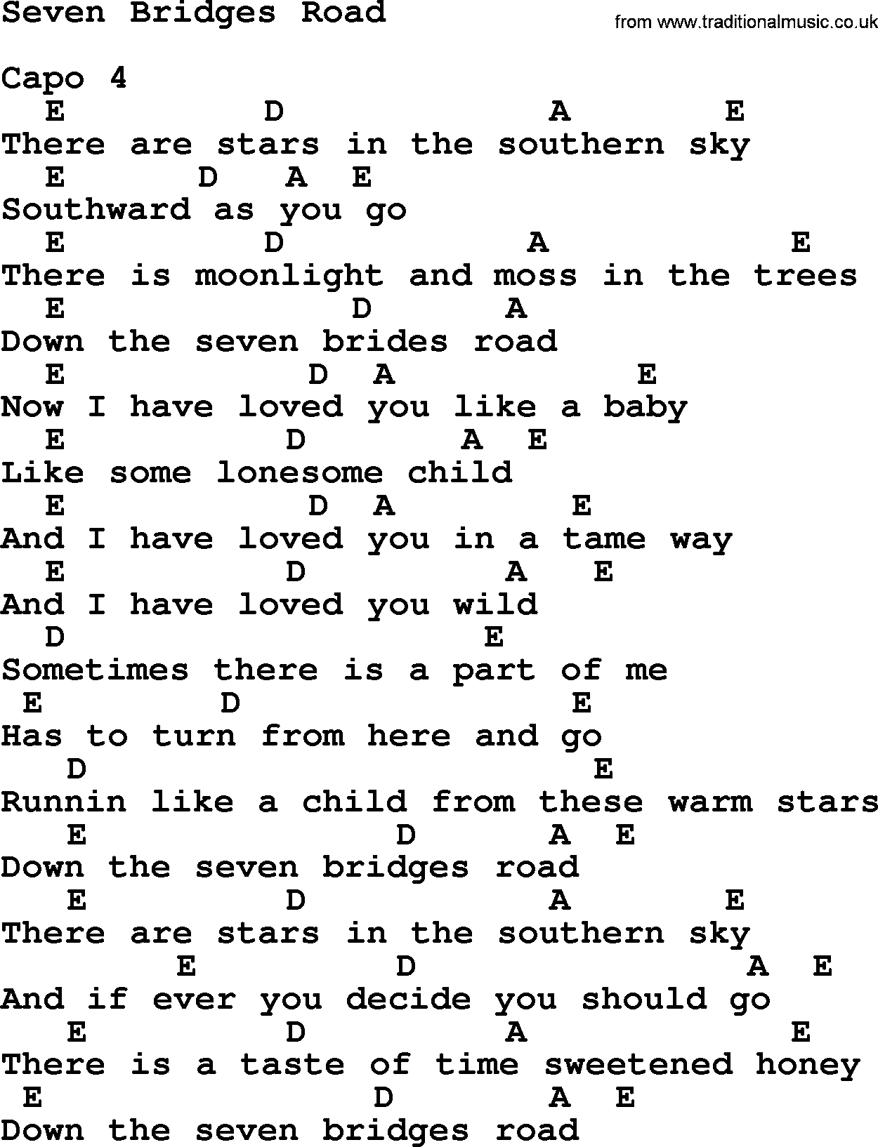 Dolly Parton song Seven Bridges Road, lyrics and chords