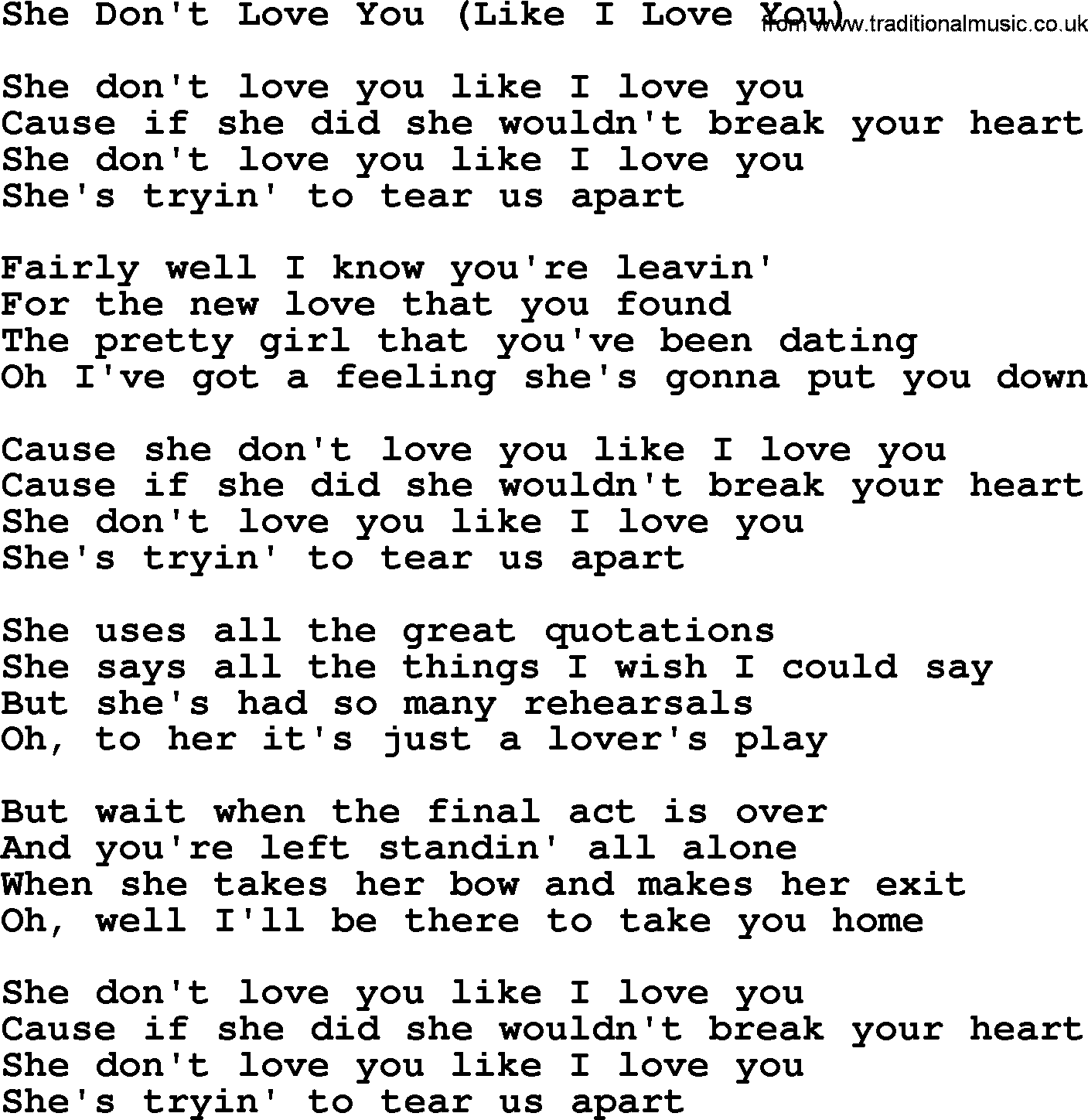 Dolly Parton song She Don't Love You (Like I Love You).txt lyrics