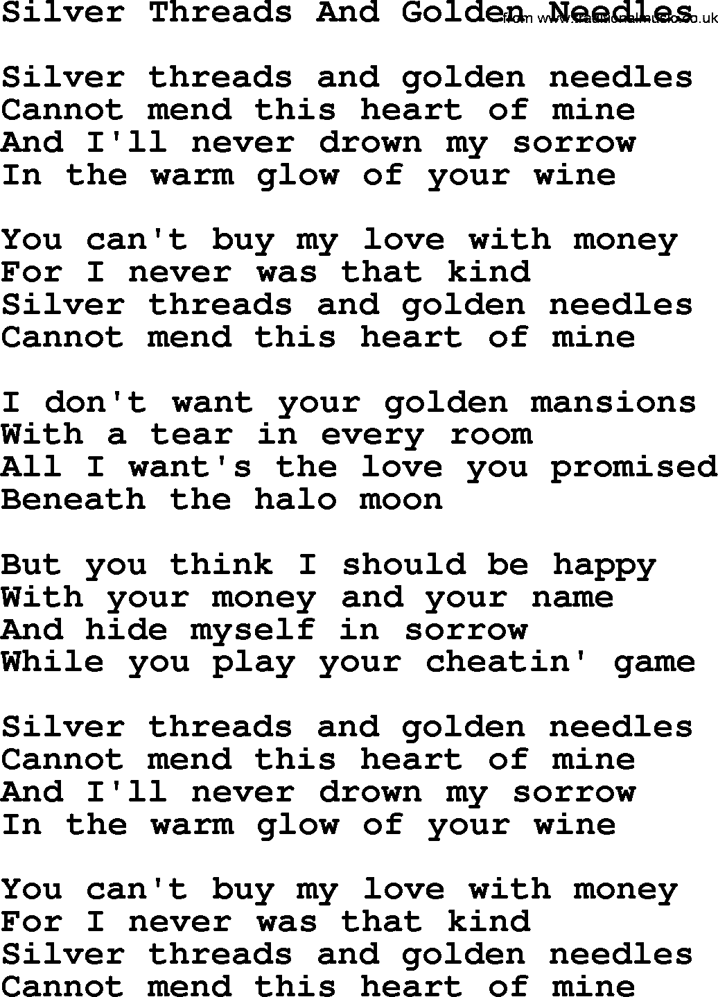 Dolly Parton song Silver Threads And Golden Needles.txt lyrics