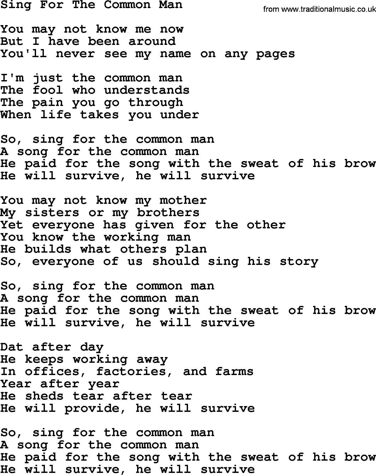 Dolly Parton song Sing For The Common Man.txt lyrics
