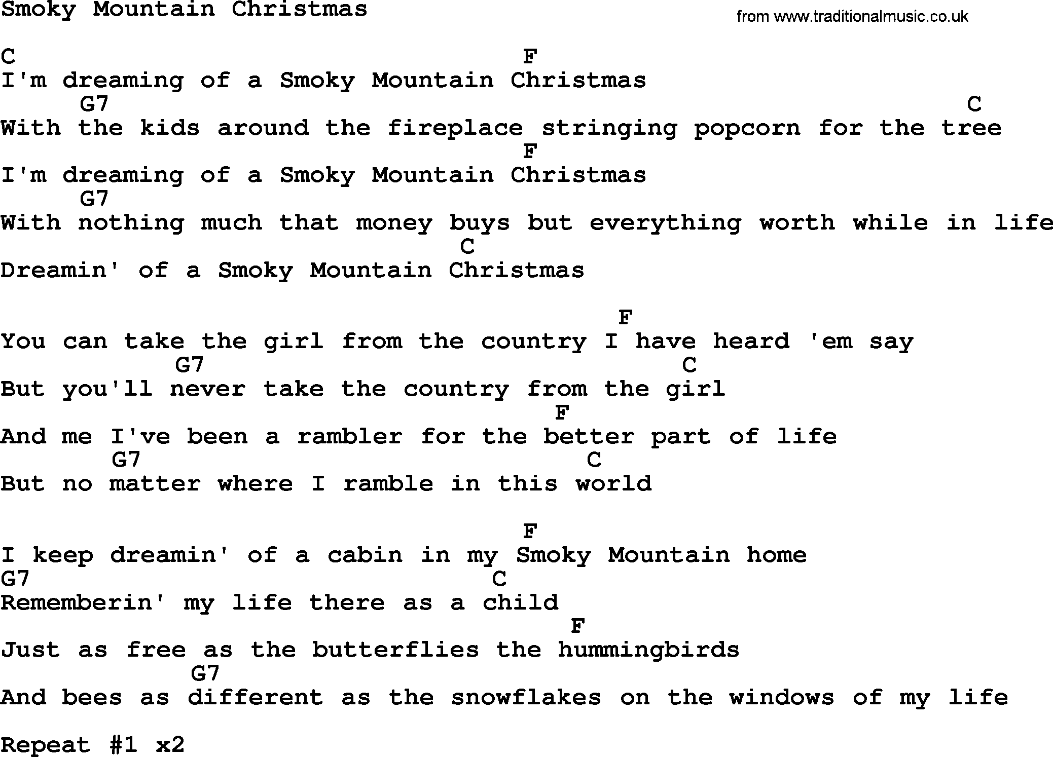 Dolly Parton song Smoky Mountain Christmas, lyrics and chords