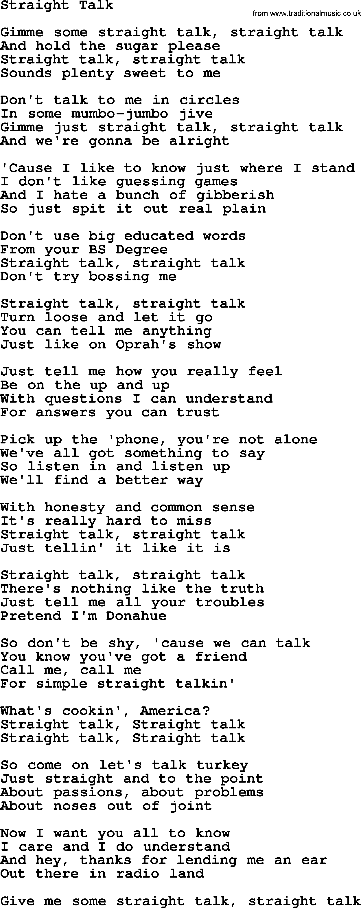 Dolly Parton song Straight Talk.txt lyrics