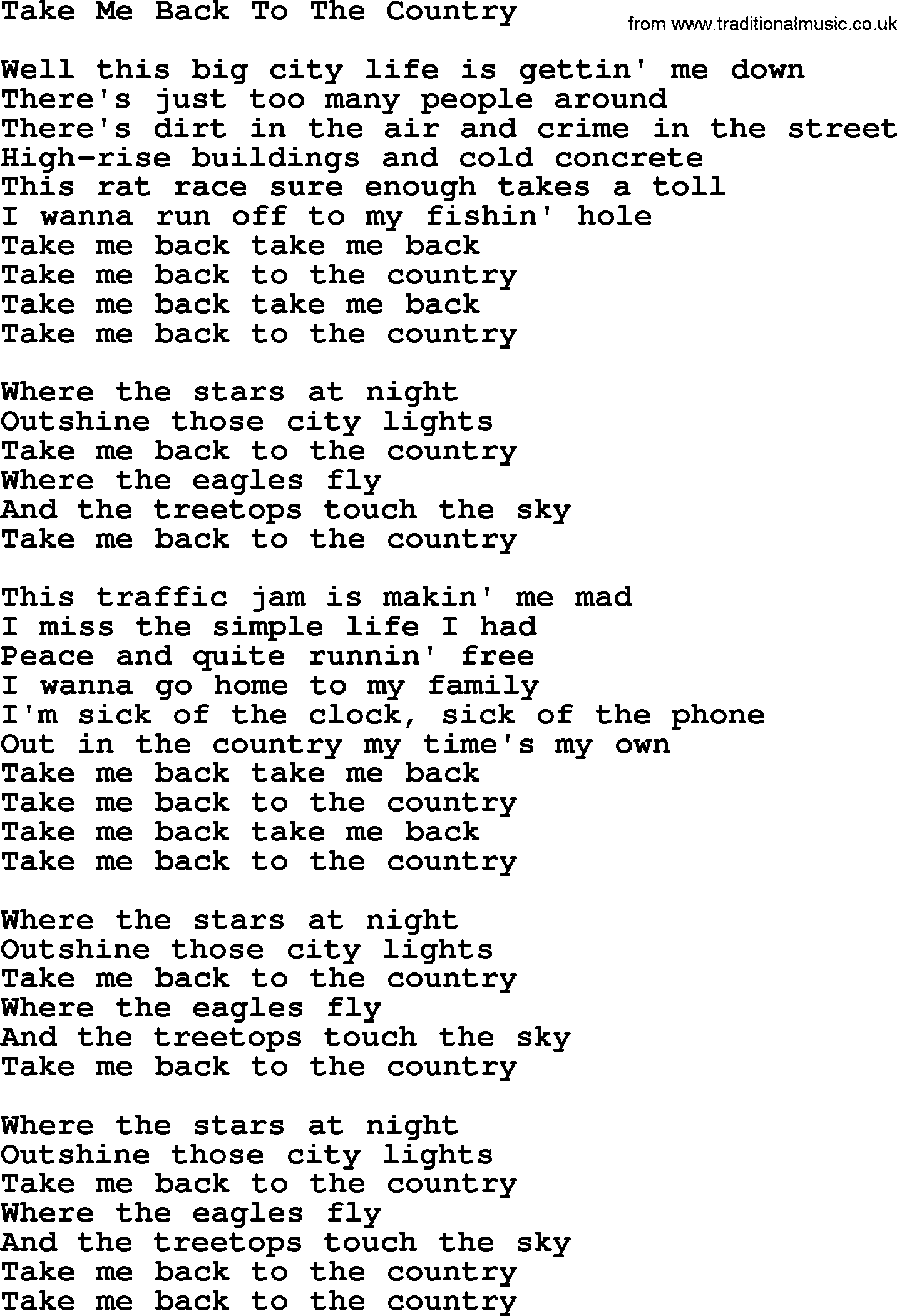 Dolly Parton song Take Me Back To The Country.txt lyrics