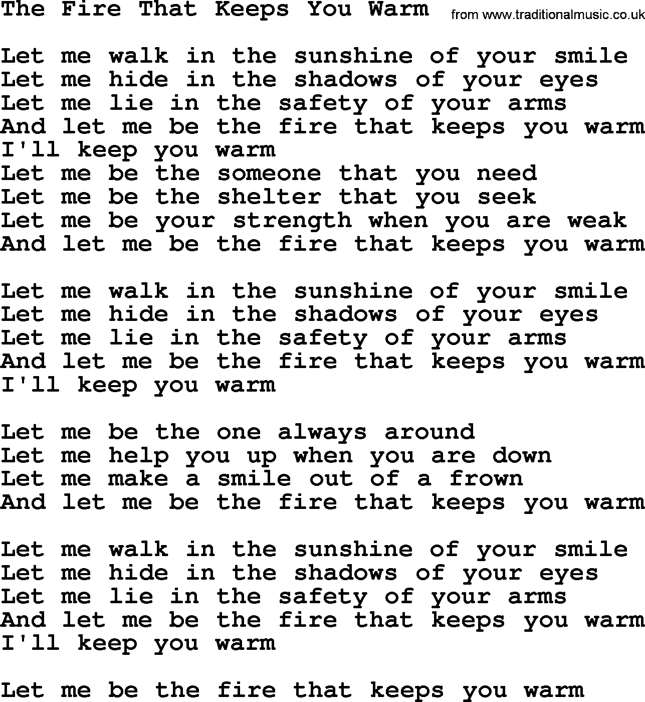 Dolly Parton song The Fire That Keeps You Warm.txt lyrics